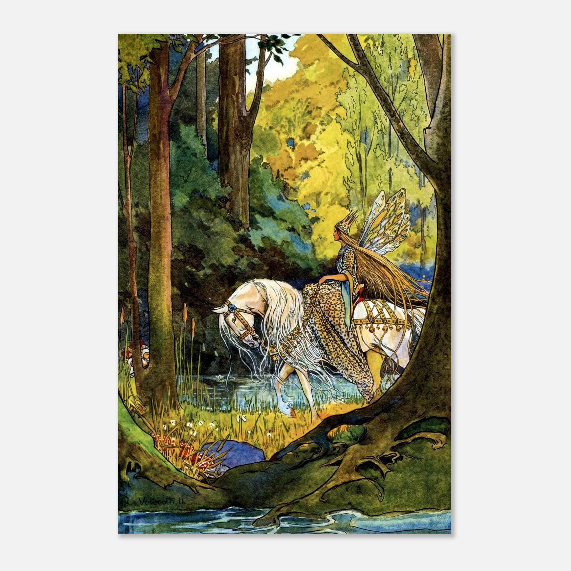 Vintage Fairy Queen Riding White Horse Art Print, Alice B Woodward 1911 Enchanted Forest Illustration, Art Nouveau & Vintage
