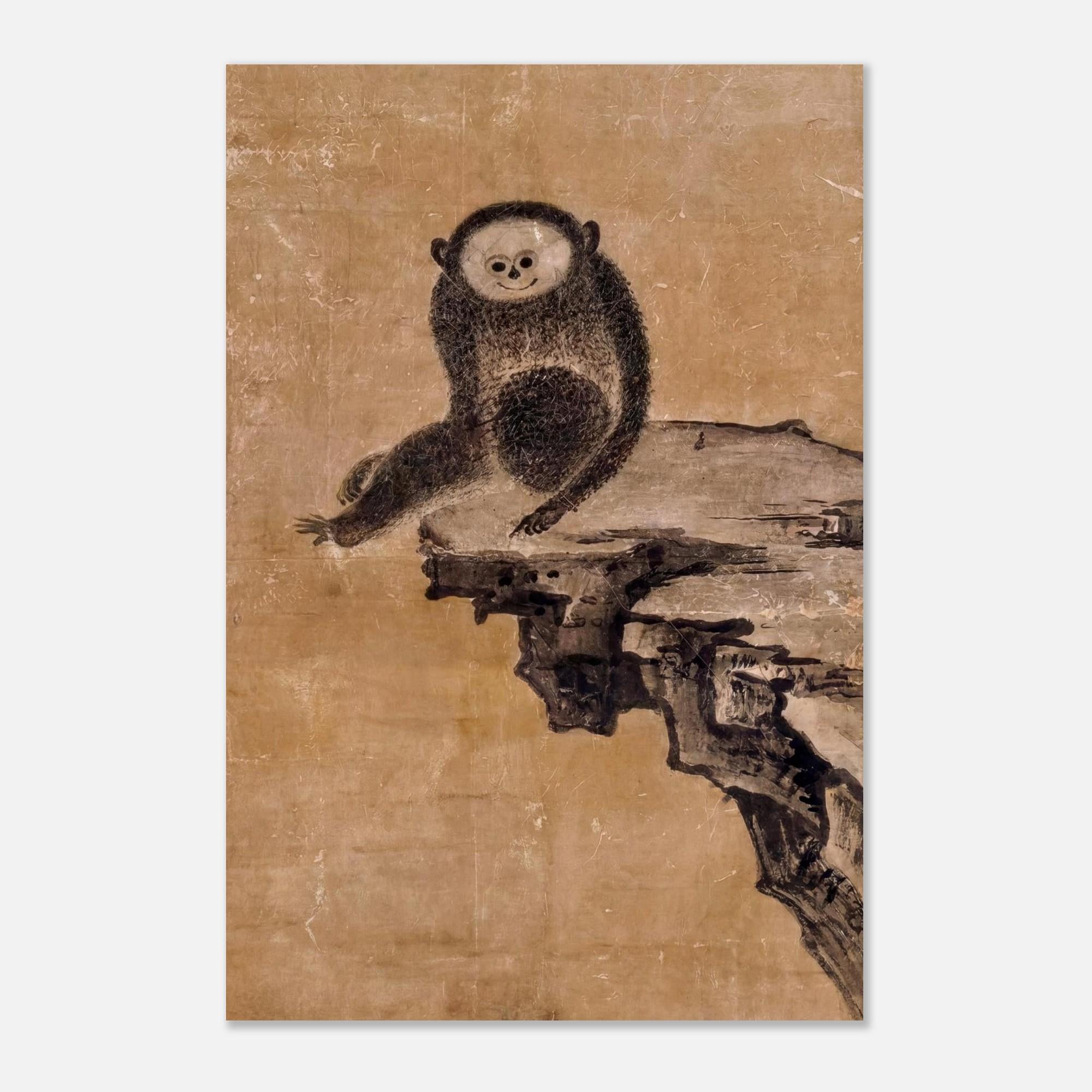Japanese Zen Monkey Art Print | Minimalist Ink Wash Wall Art | Muqi Gibbon Painting | Wabi Sabi Animal Decor | Smiling Monkey Art