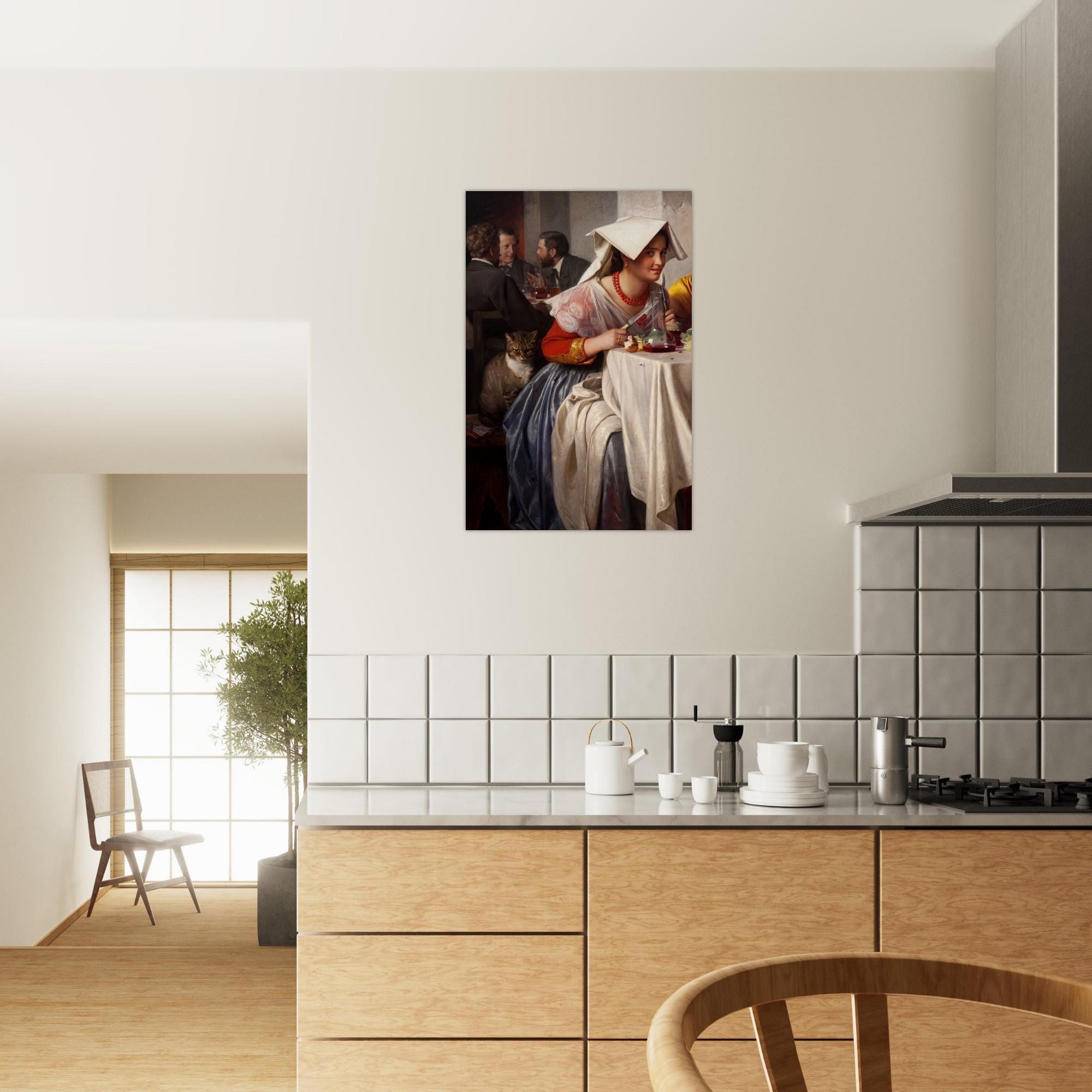 Carl Bloch In a Roman Osteria Vintage Italian Tavern Painting Judgmental Cat Art Print Moody Wall Decor Dark Academia Moody
