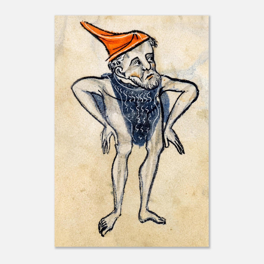 Medieval Marginalia Art Print Sassy Bearded Man in Orange Hat Weird Middle Ages Grotesque Wall Decor Portraits & Figures bbf90