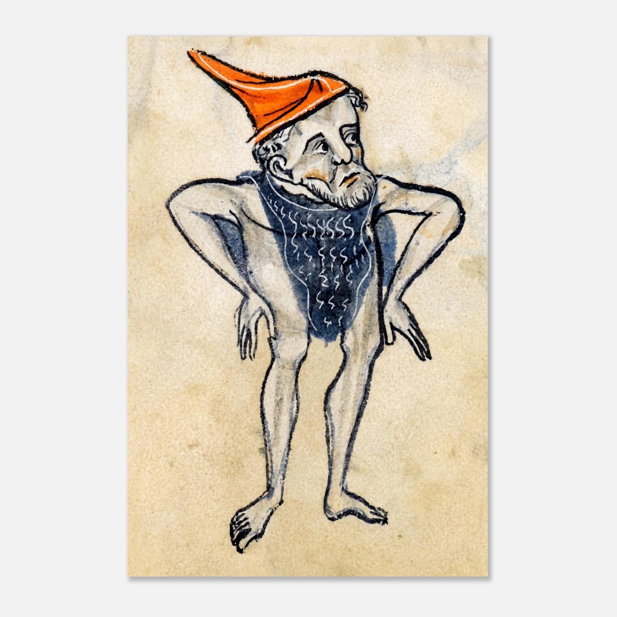 Medieval Marginalia Art Print Sassy Bearded Man in Orange Hat Weird Middle Ages Grotesque Wall Decor Portraits & Figures bbf90