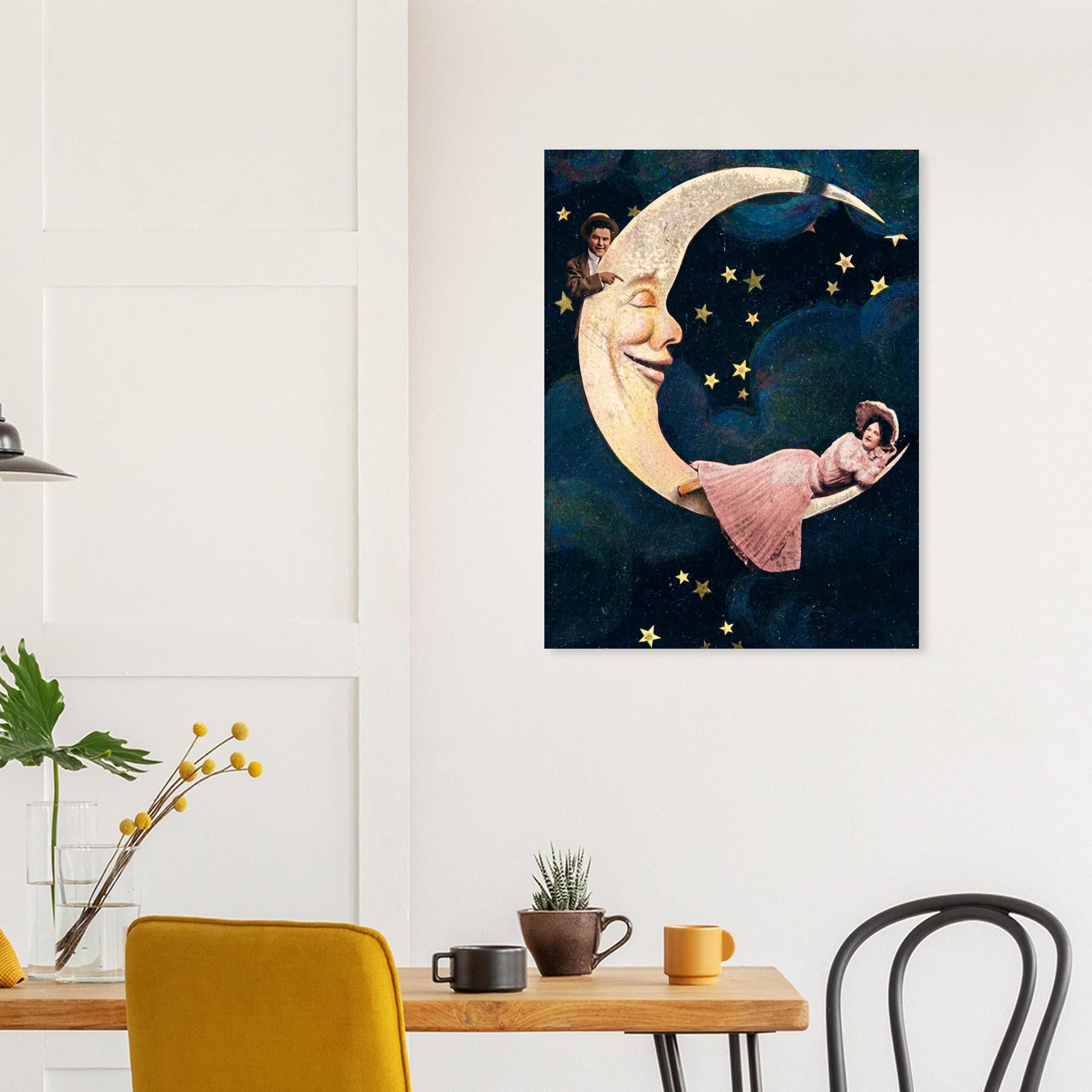 Vintage Moon Art Print Antique Celestial Wall Decor Victorian Man In The Moon Poster Art Nouveau Vintage Romance Crescent Moon