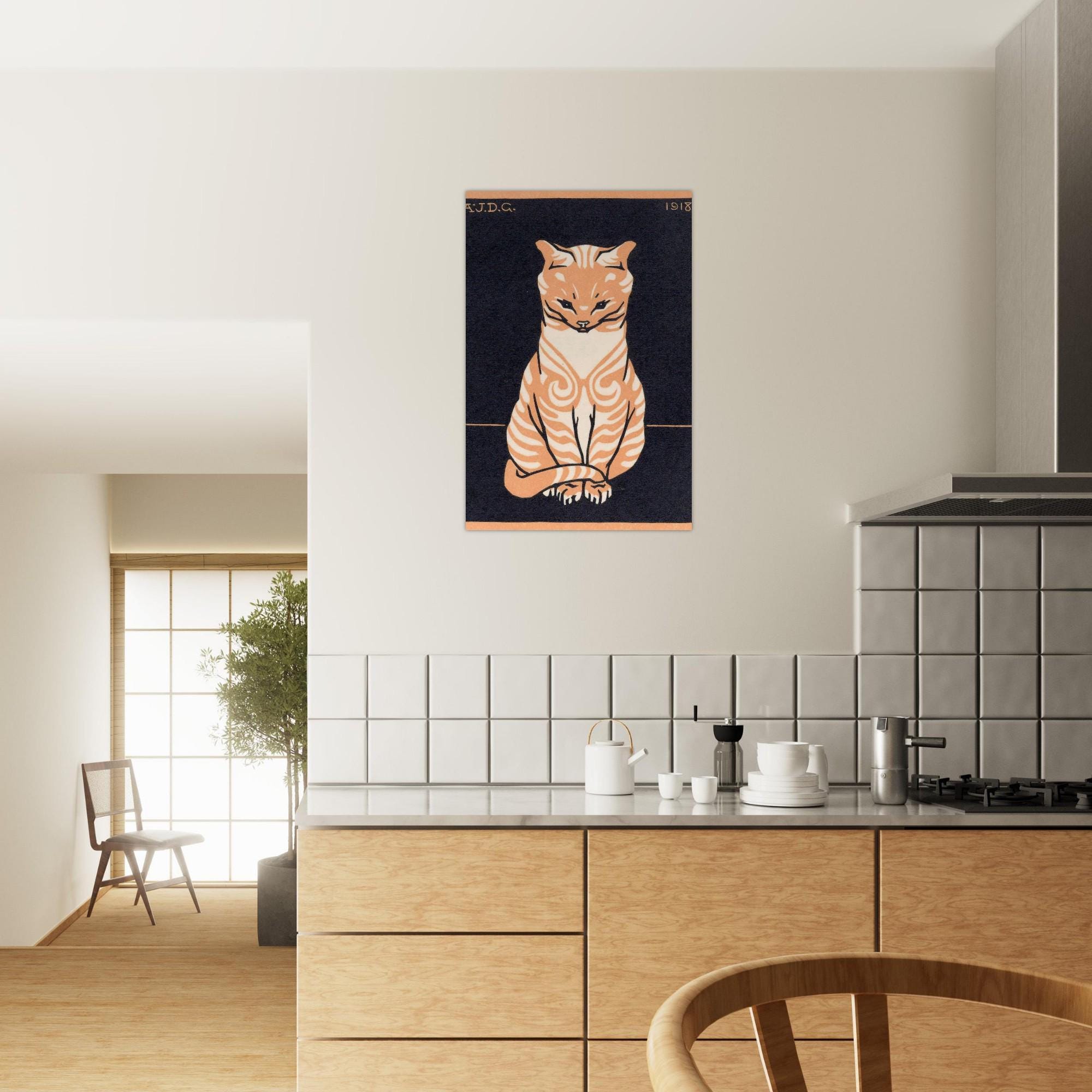 Julie de Graag Sitting Cat 1918 Vintage Woodcut Art Print Orange Tabby Feline Woodblock Poster Retro Wall Art Animals Creatures
