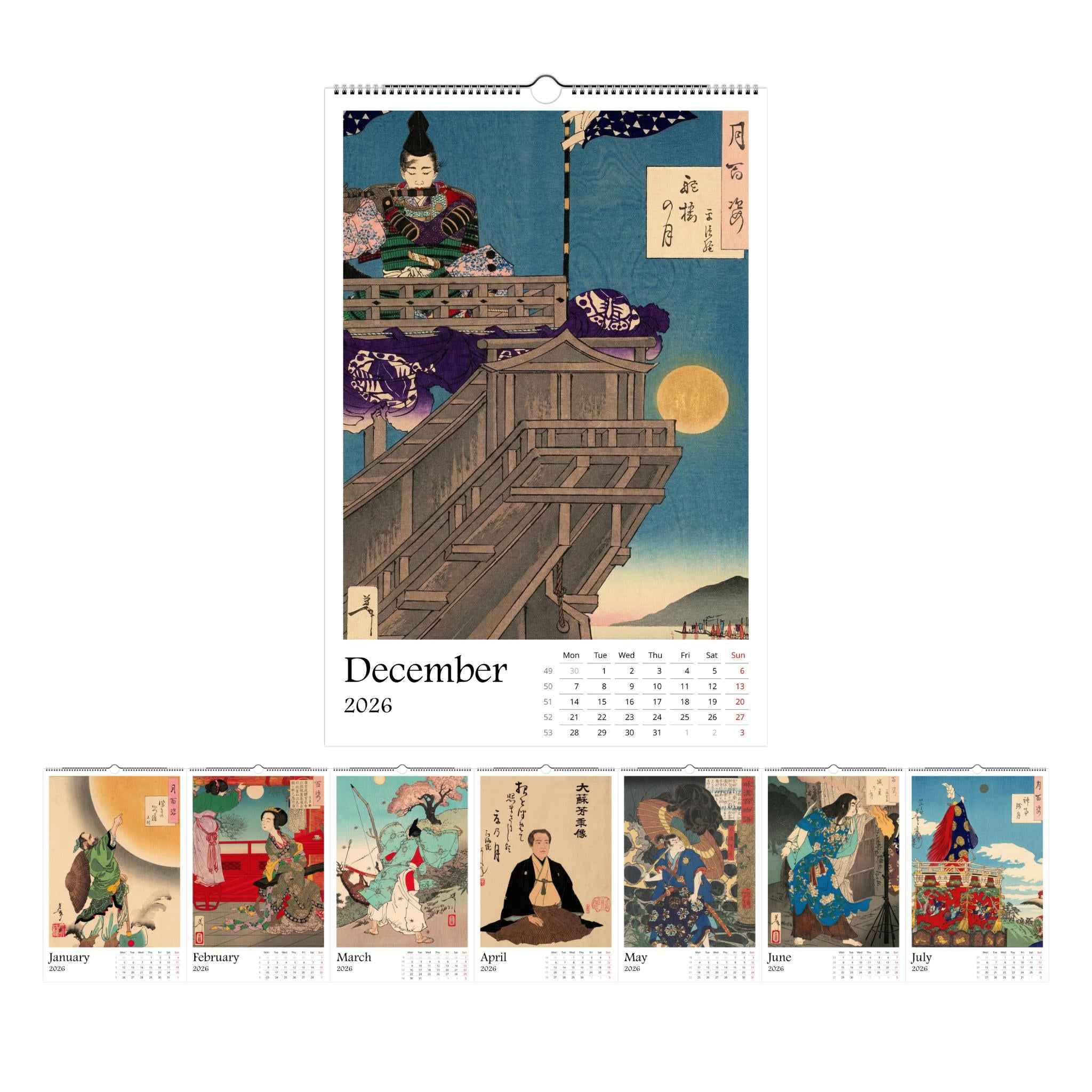 13 artworks of Japanese Woodblock Ukiyo-e Art 2026 Wall Calendar 11x16.5, Tsukioka Yoshitoshi, Large Vertical Hanging Home Decor