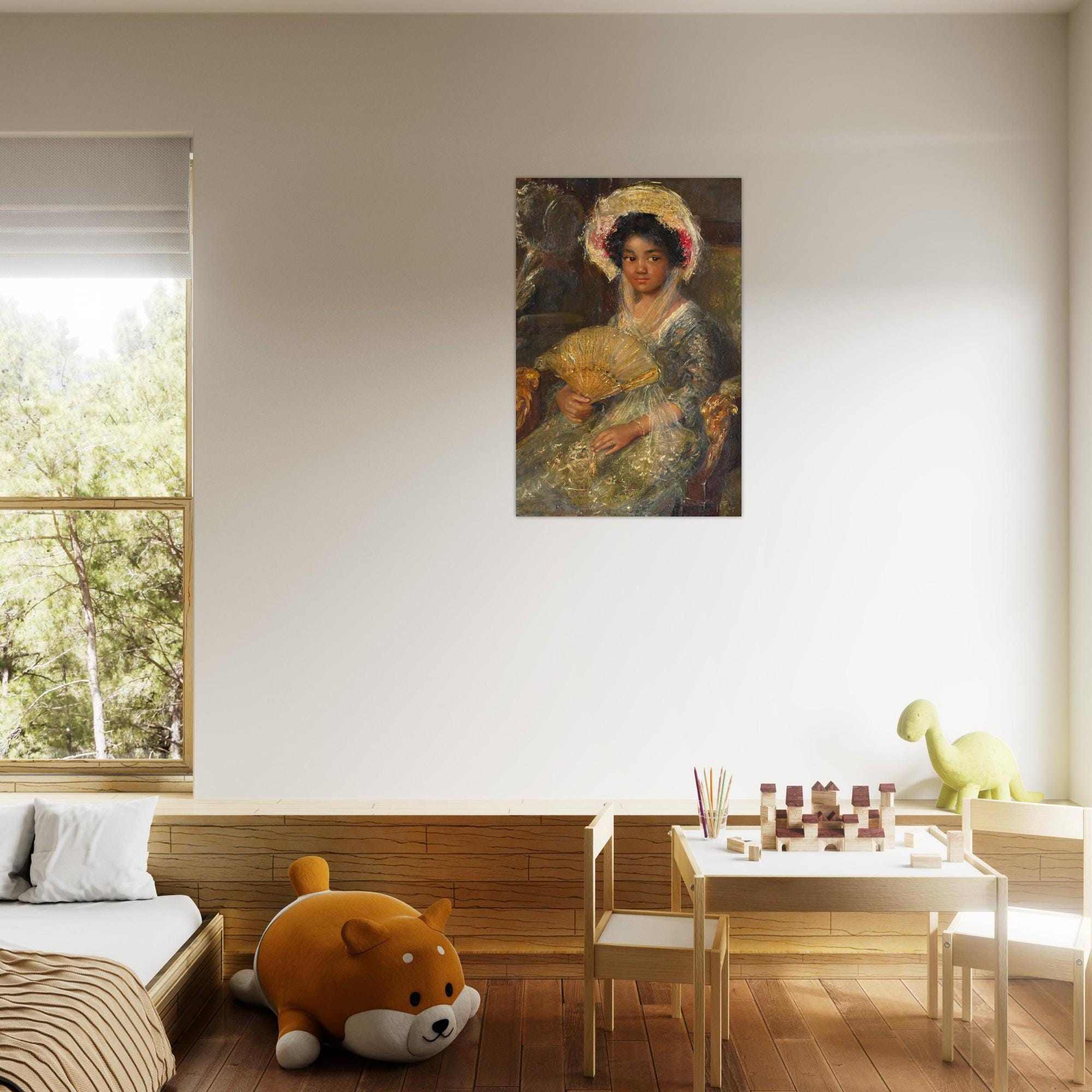 Vintage Black Woman Portrait Wall Art Print Historical African American Lady with Fan Painting Antique Portrait of Girl Portraits Figures