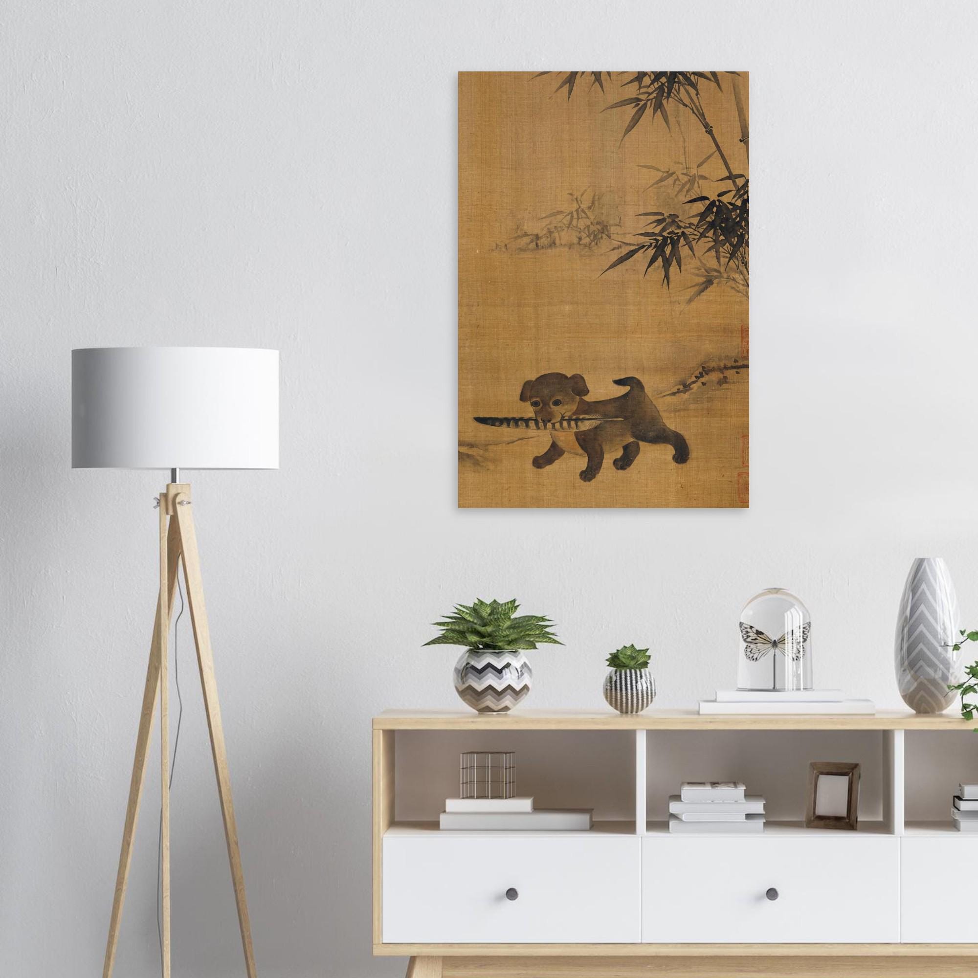 Adorable Puppy with Pheasant Feather Art Print | Vintage Korean Joseon Dynasty Wall Art | Traditional Asian Ink Painting Decor