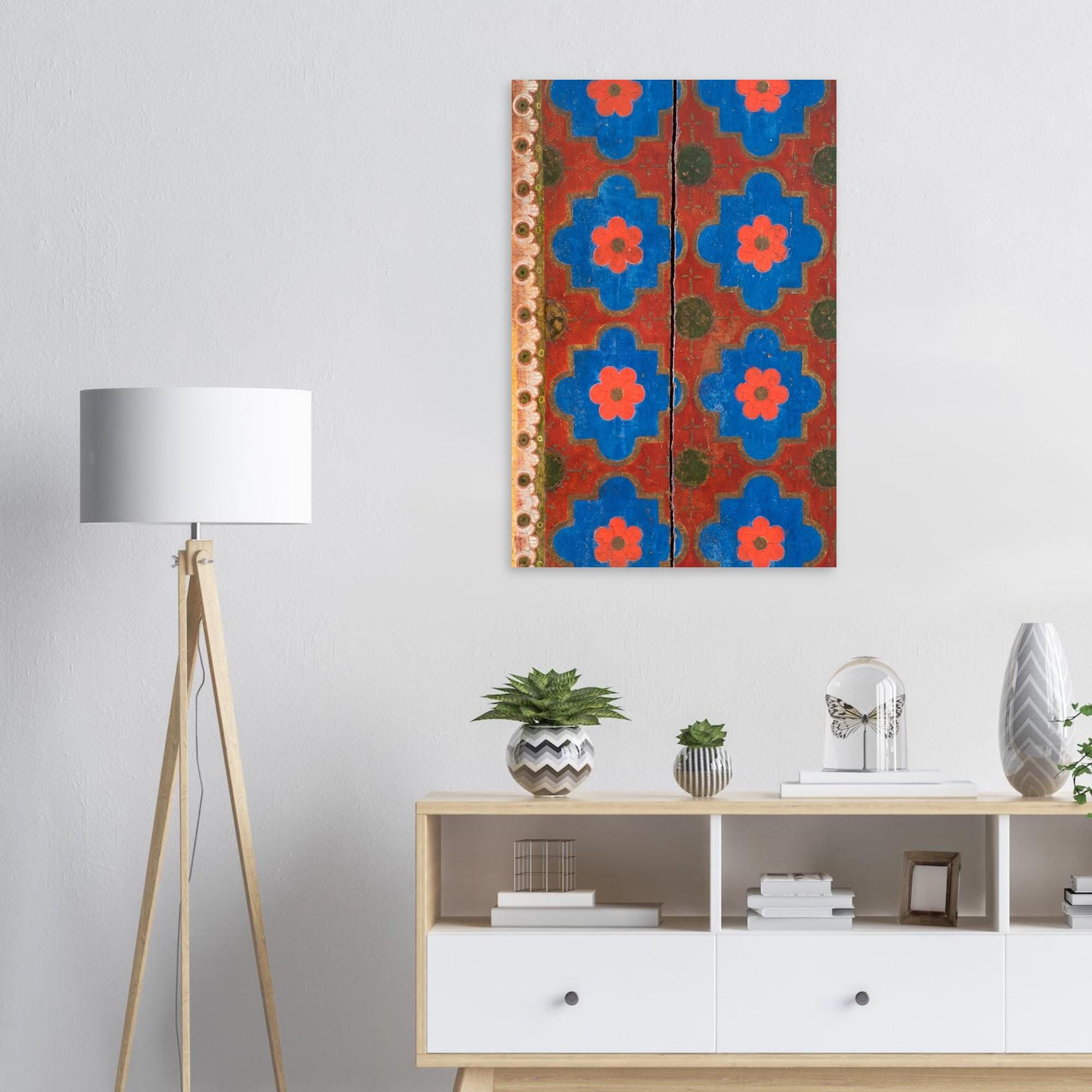 Medieval Floral Pattern Art Print Red Blue Gold Folk Art Rosette Wall Decor Antique Wooden Ceiling Motif - Folk & Naive Art