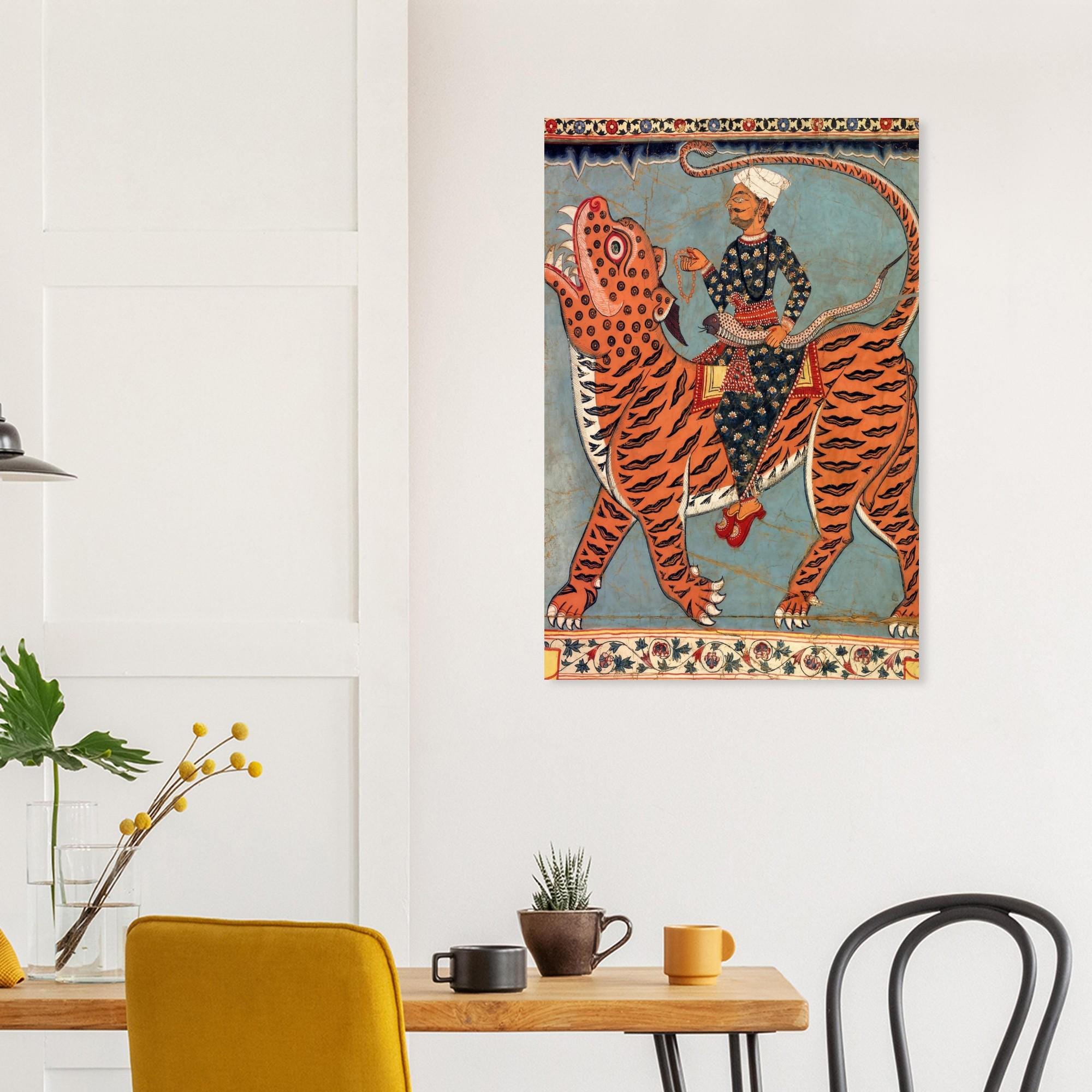 Vintage Indian Folk Art Print | Gazi Pir Riding Tiger with Snake Whip Wall Art | Antique Bengal Scroll Painting | Ethnic Home Decor