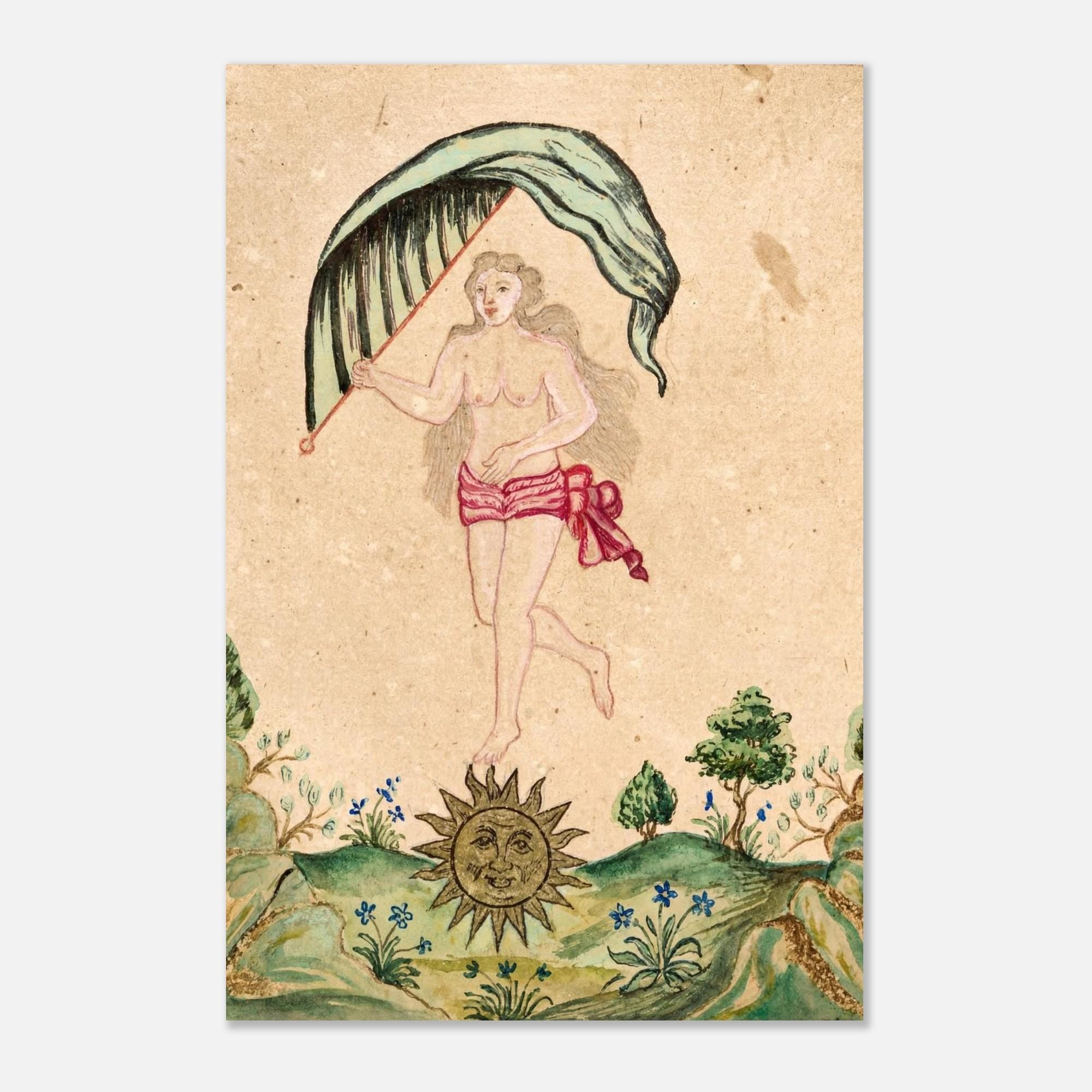 Antique Folk Art Print Woman with Sun Face and Leaf Umbrella Vintage Naive Watercolor Painting Celestial Wall Art Folk Naive Art