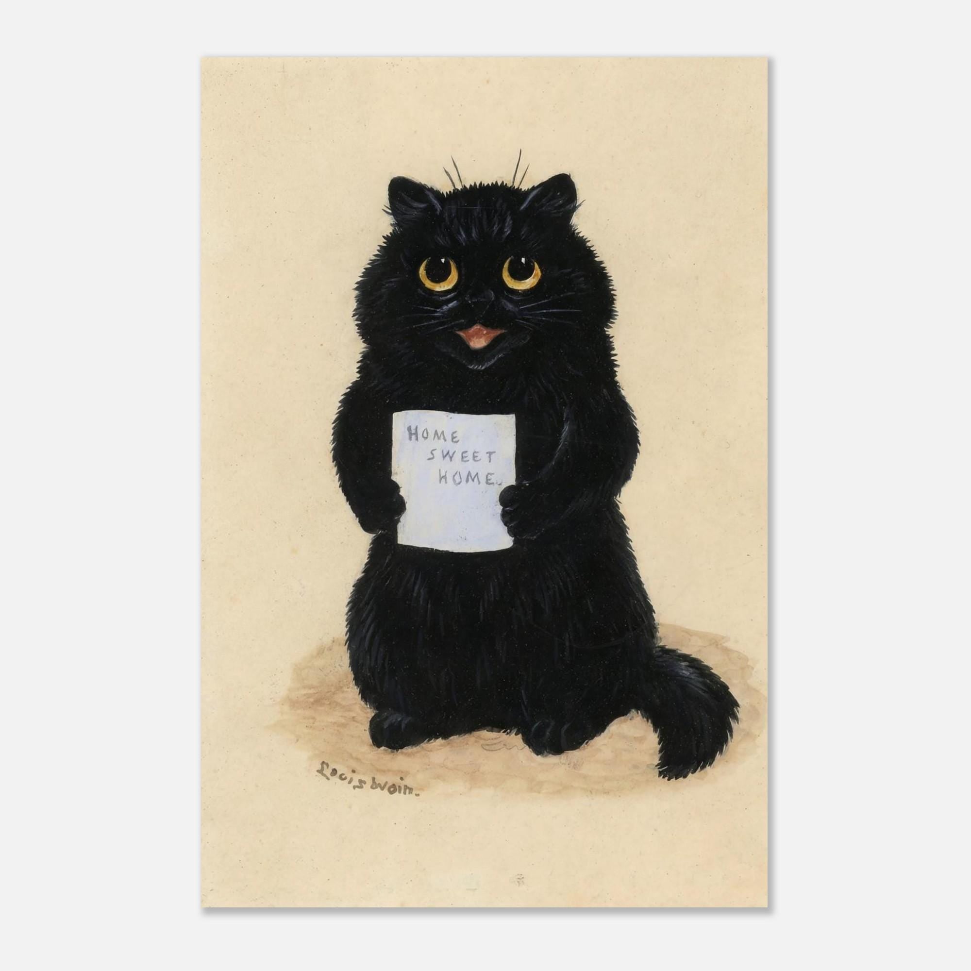 Home Sweet Home by Louis Wain Fine Art Print, Vintage Cat Poster, Victorian Wall Art, Funny Black Cat Decor, Quirky Animal Gift