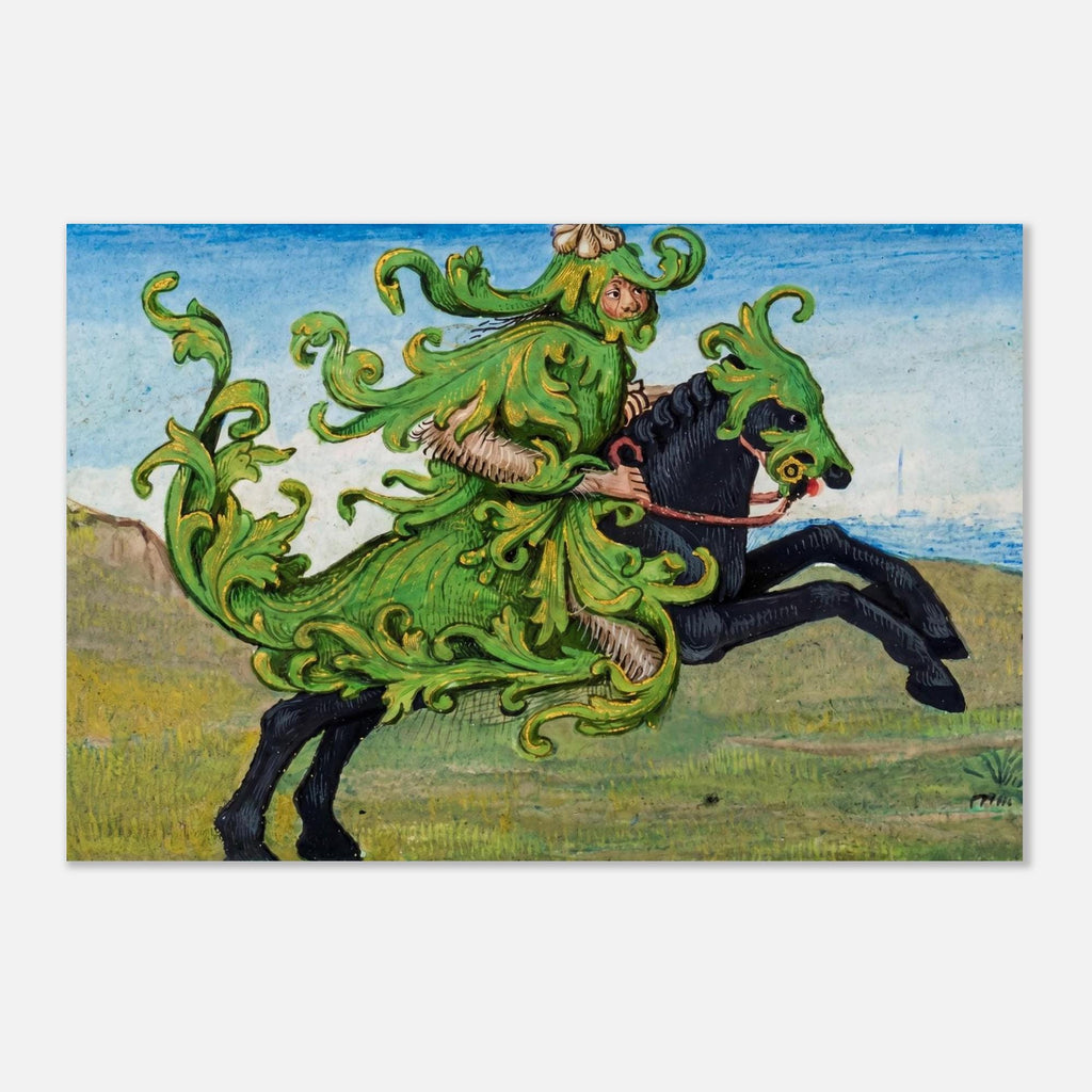 Green Knight Medieval Art Print | Sir Gawain Manuscript Illumination | Dark Academia Wall Art | Mythical Folio Foliage Knight