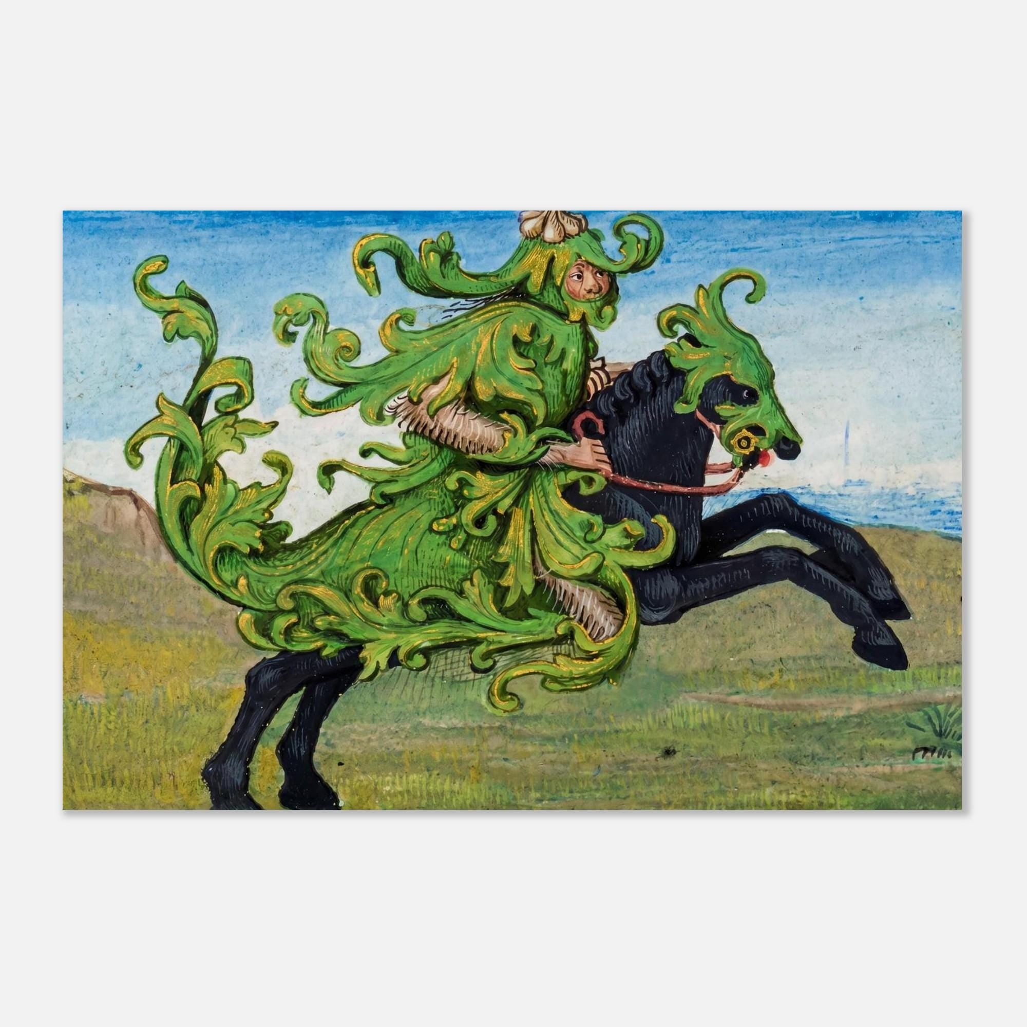 Green Knight Medieval Art Print | Sir Gawain Manuscript Illumination | Dark Academia Wall Art | Mythical Folio Foliage Knight