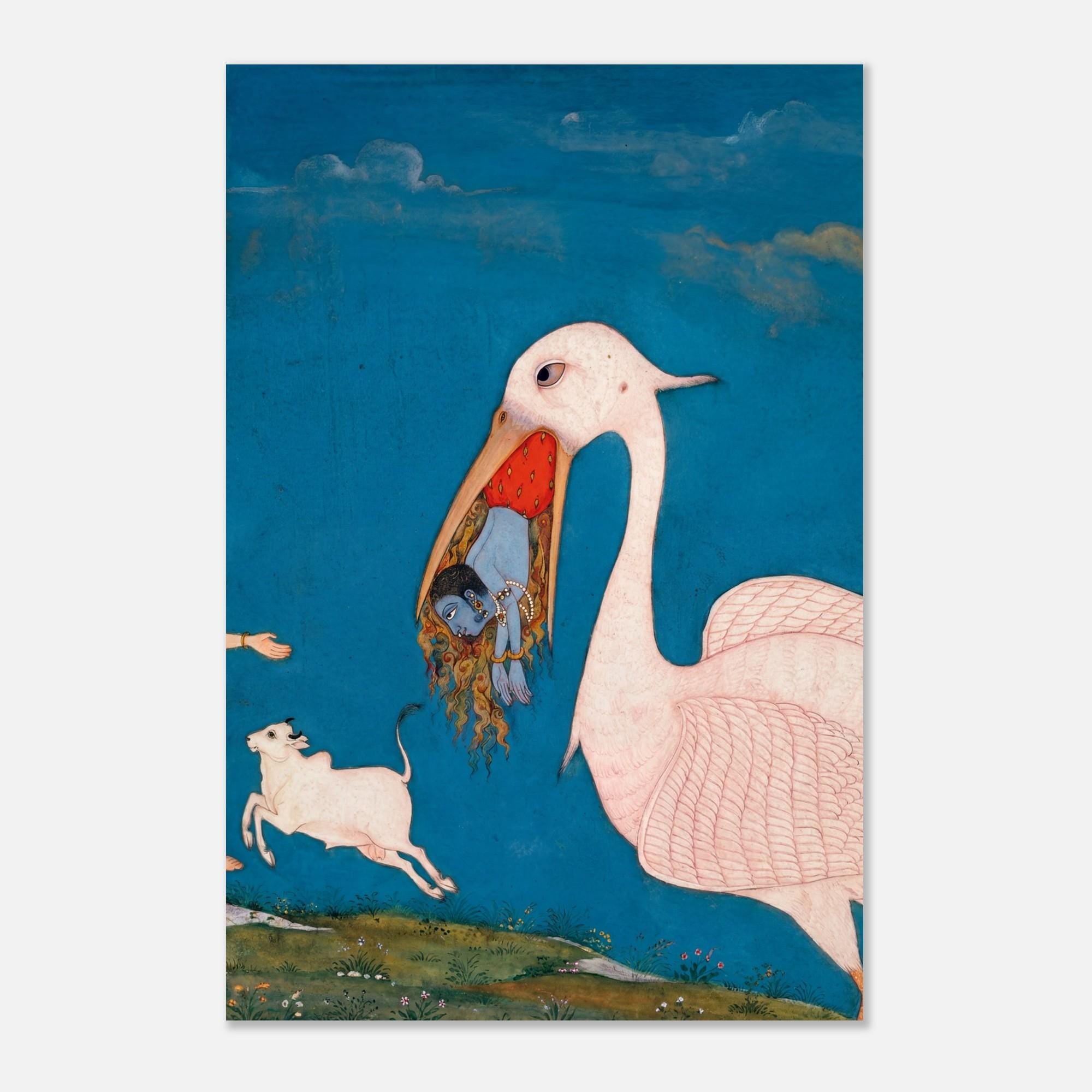 Krishna Slaying Bakasura Crane Demon Indian Miniature Painting Vintage Hindu Mythology Art Print Unframed Myth & Symbolism 0e275