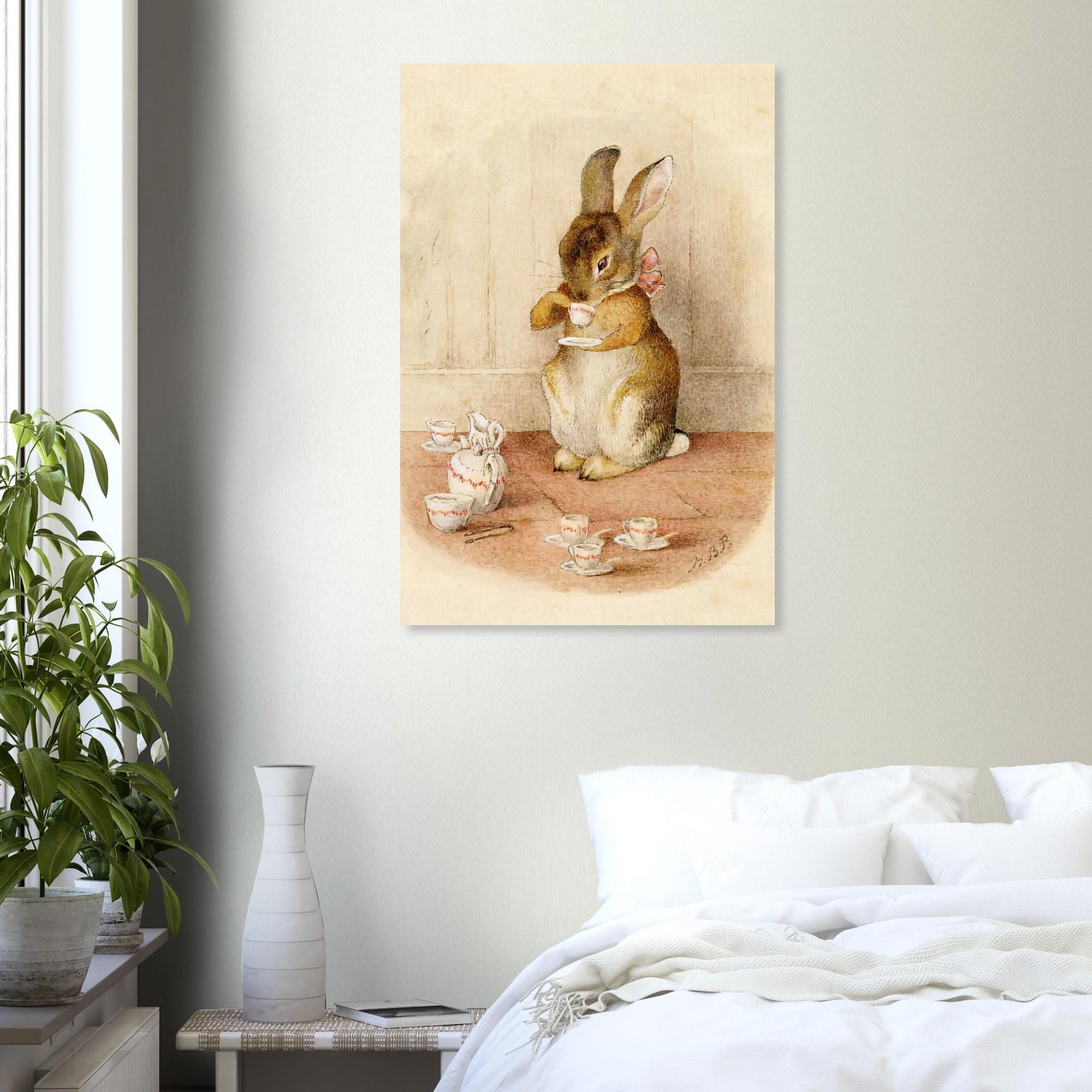 Vintage Rabbit Tea Party Art Print | Whimsical Storybook Wall Decor | Antique Nursery Bunny Illustration | Cottagecore Room Art
