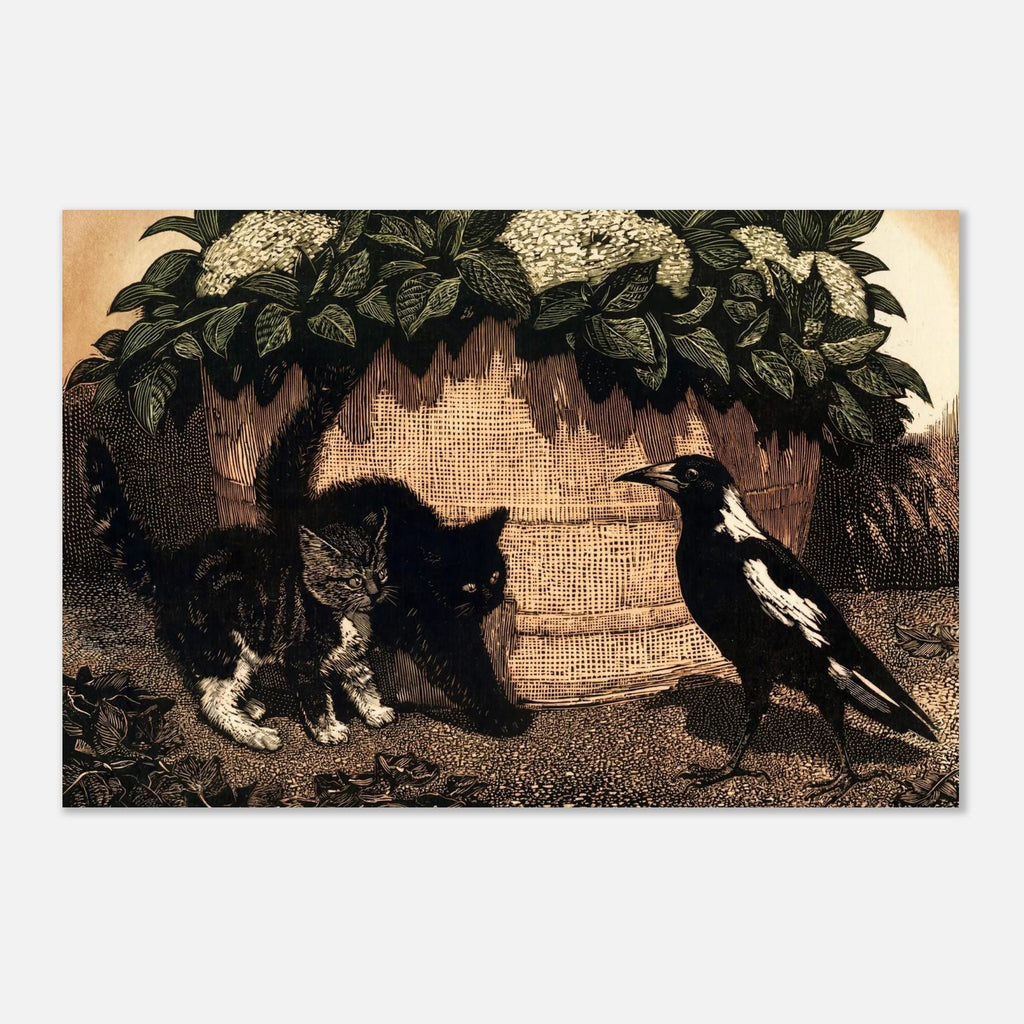 Kittens and Magpie Woodcut Art Print, Lionel Lindsay 1925 Vintage Wood Engraving, Black and White Animal Wall Art, Animals & Creatures