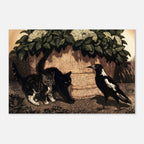 Kittens and Magpie Woodcut Art Print, Lionel Lindsay 1925 Vintage Wood Engraving, Black and White Animal Wall Art, Animals & Creatures