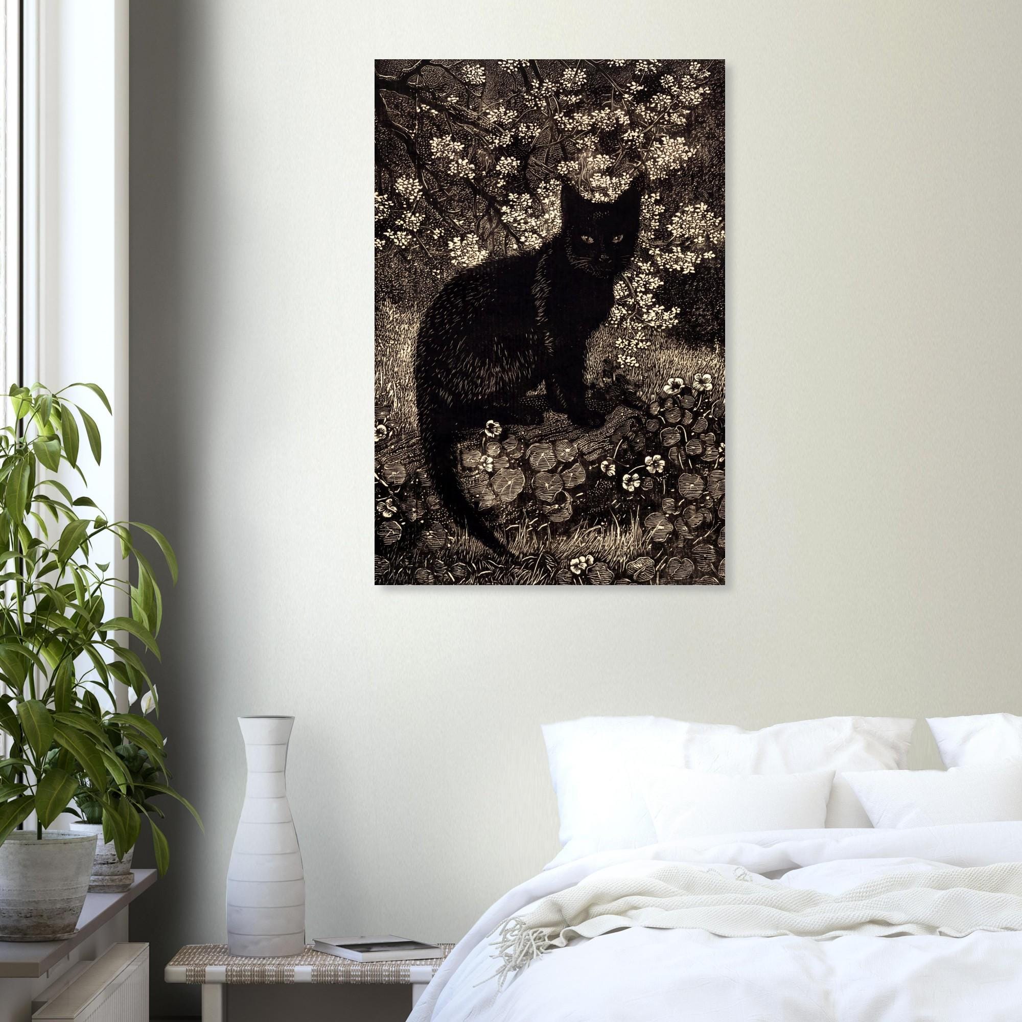 Vintage Black Cat Woodcut Art Print Simon Bussy 1919 Moody Feline Wall Decor Unframed Gift Poster Art Dark Academia Moody
