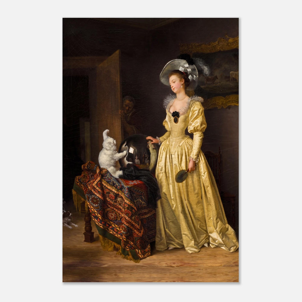 Vintage Fortune Teller Art Print Woman in Yellow Dress with White Cat Crystal Ball Moody Dark Academia Wall Art Portraits Figures