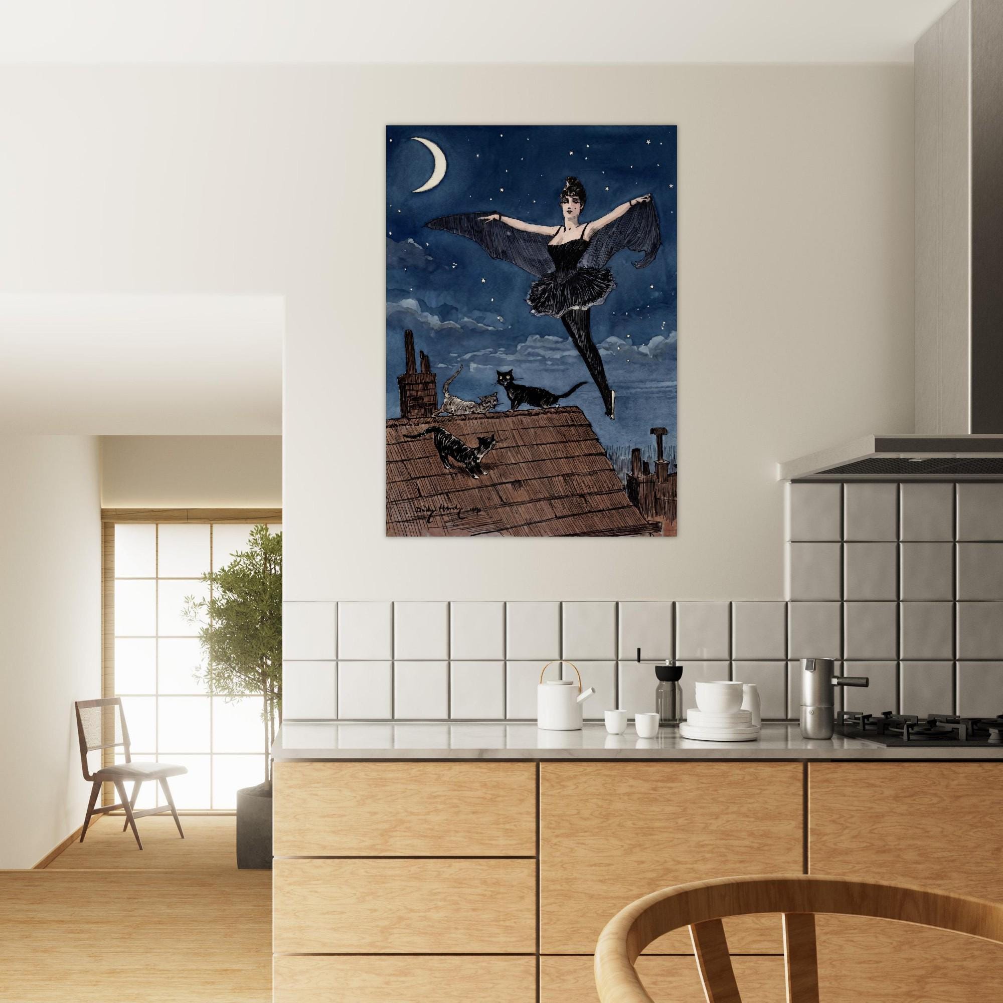 Vintage Bat Woman Art Print Dudley Hardy Cat Illustration Moon Rooftop Gothic Wall Decor Unframed Art Nouveau Vintage