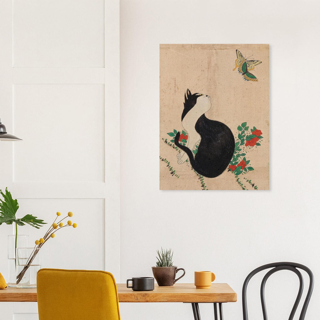 Korean Cat Painting Minhwa Print Asian Folk Art Black Cat Poster Cat Watching Butterfly Wall Art Woodblock And Asian Art Print