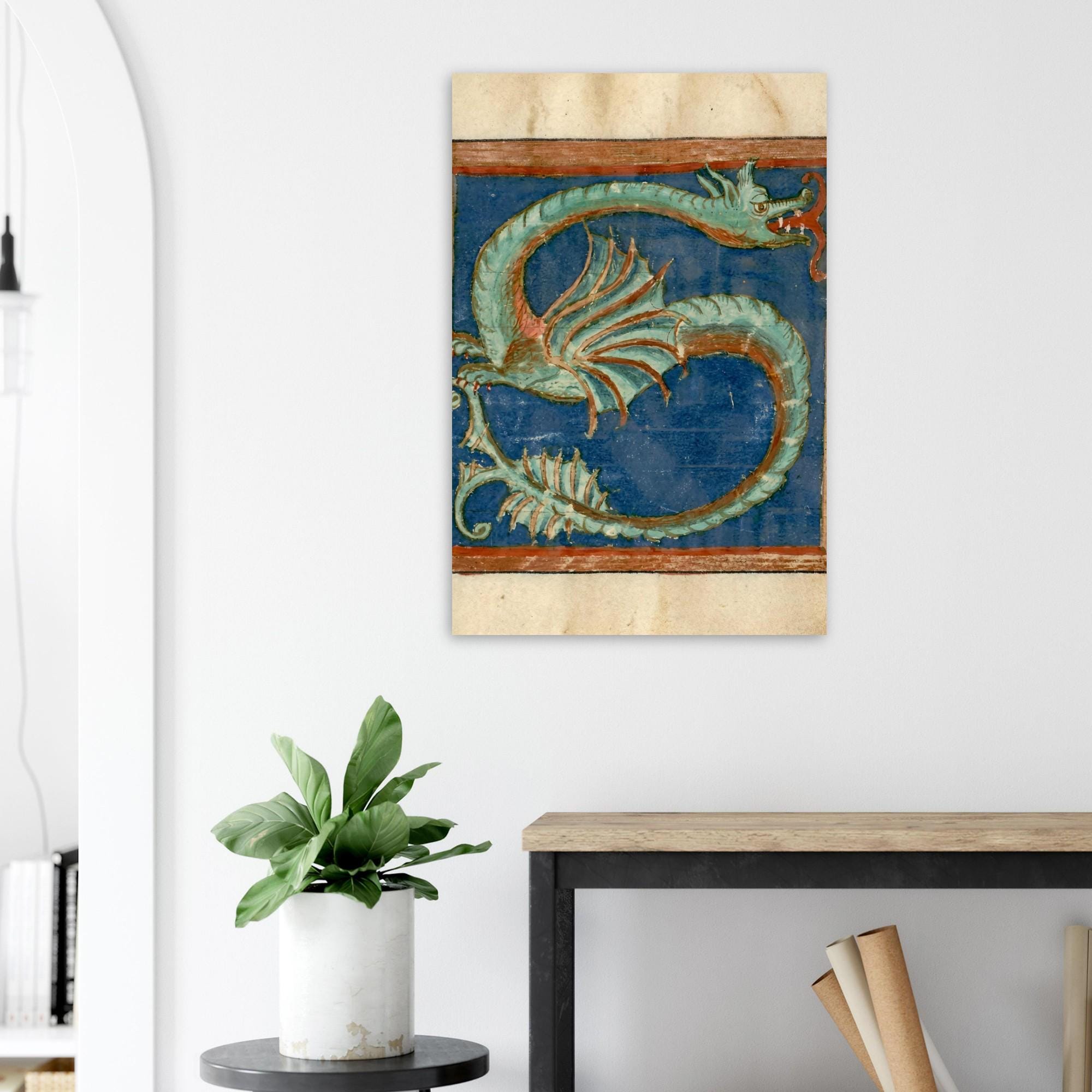 Medieval Dragon Print 12th Century Illuminated Manuscript Initial S Vintage Bestiary Historical Animal Art Animals & Creatures
