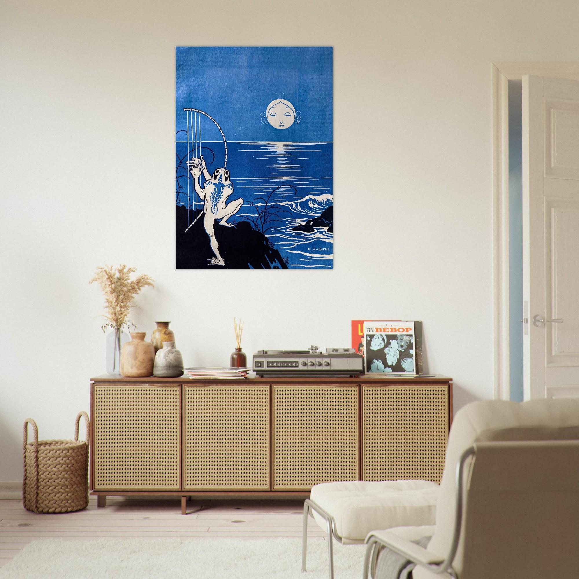 Vintage Frog Playing Bone Harp Under Moon Whimsical Blue Night Pond Poster Dark Cottagecore Animal Art Print Art Nouveau Vintage