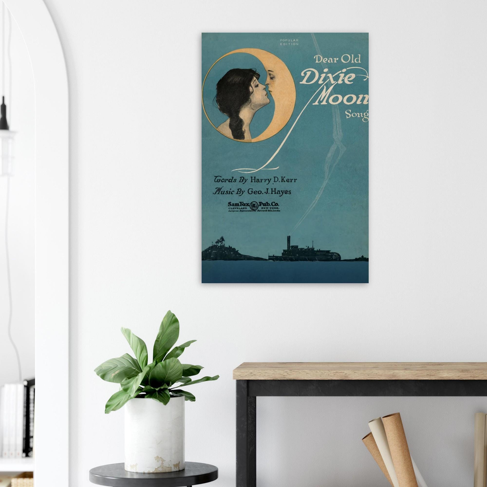 Vintage Moon Art Print Woman Kissing Crescent Moon 1920s Sheet Music Poster Celestial Wall Decor Whimsigoth Gift Retro Decor