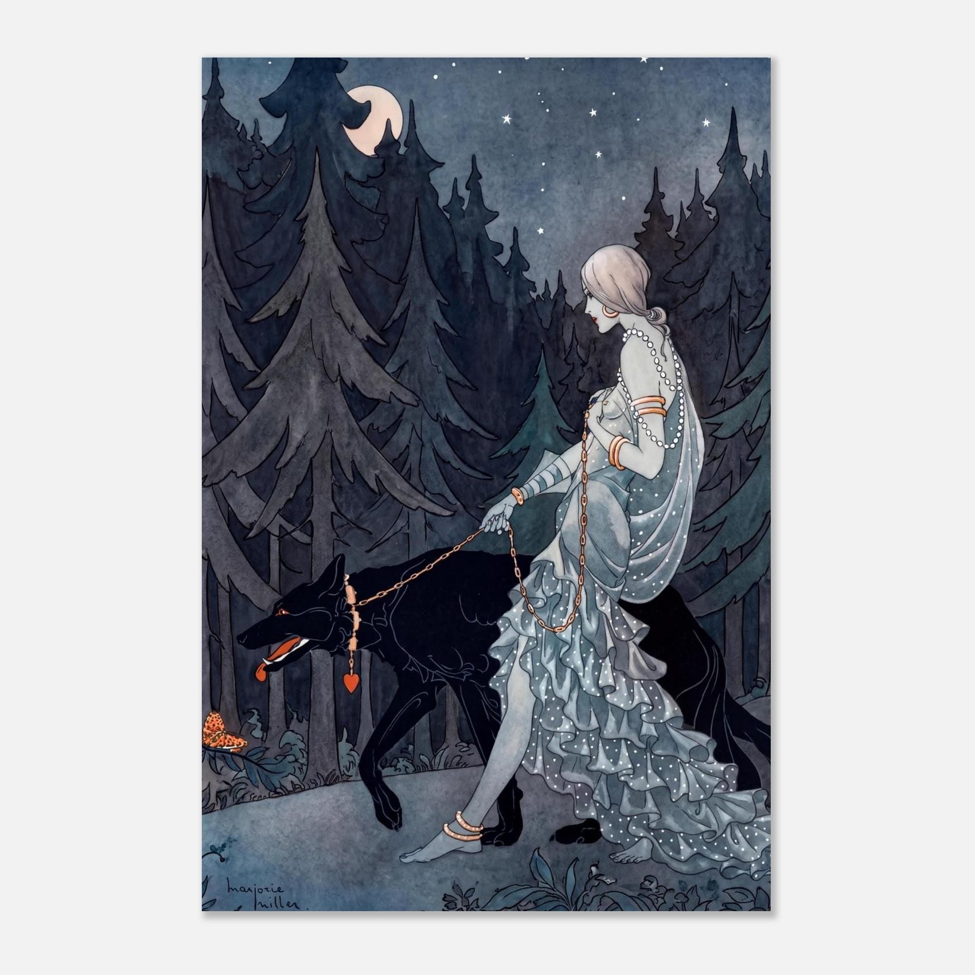 Queen of the Night Marjorie Miller Art Print Vintage Dark Fantasy Art Deco Woman with Wolf Ethereal Decor Art Nouveau and Vintage