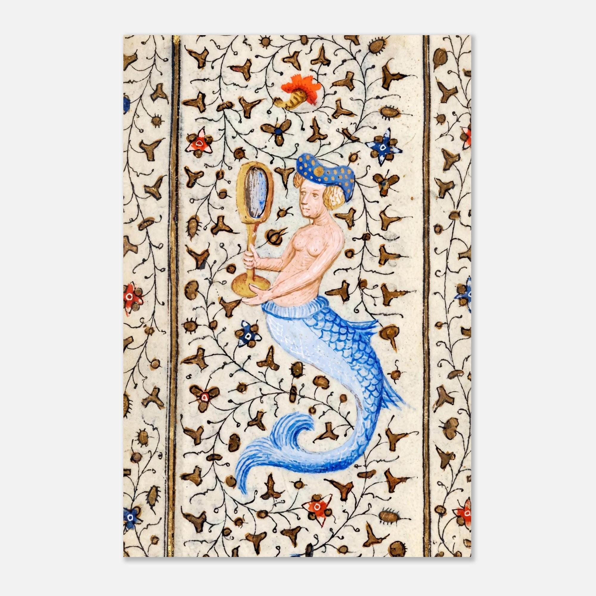 Medieval Mermaid Art Print Illuminated Manuscript Siren With Mirror Antique Mythological Creature Gothic Wall Decor Myth Symbolism