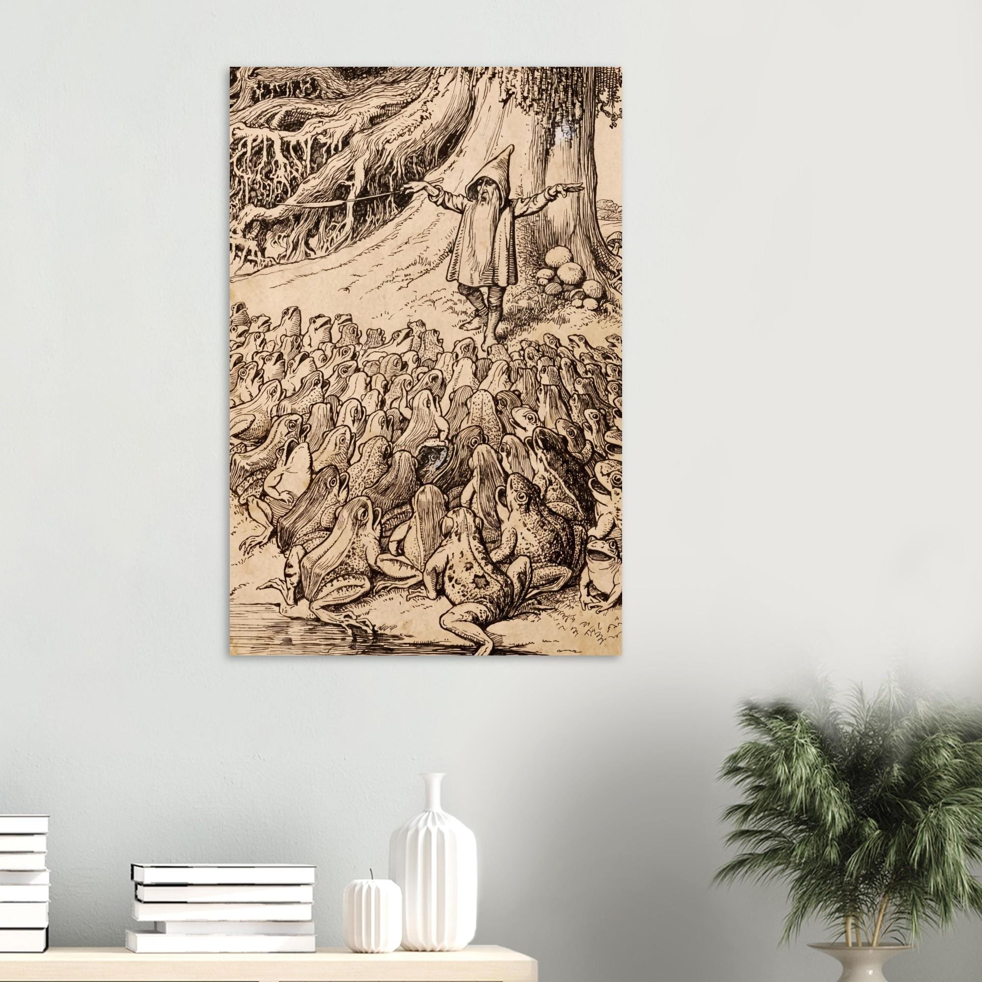 Antique Gnome Preaching To Frogs Art Print Heinrich Schlitt Vintage Fairy Tale Illustration Goblincore Decor Myth and Symbolism