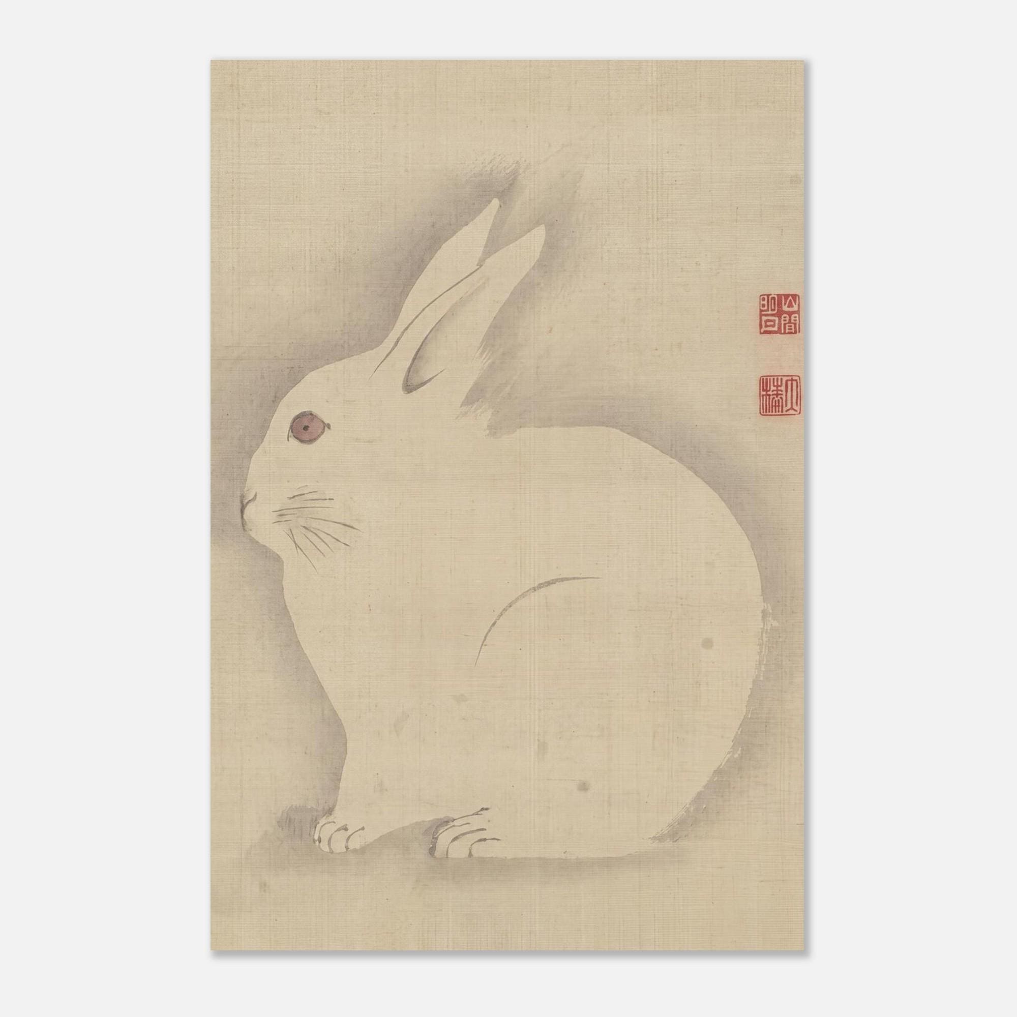 Vintage Japanese White Rabbit Art Print Minimalist Zen Animal Wall Decor Asian Ink Wash Sumi E Painting Woodblock and Asian Art