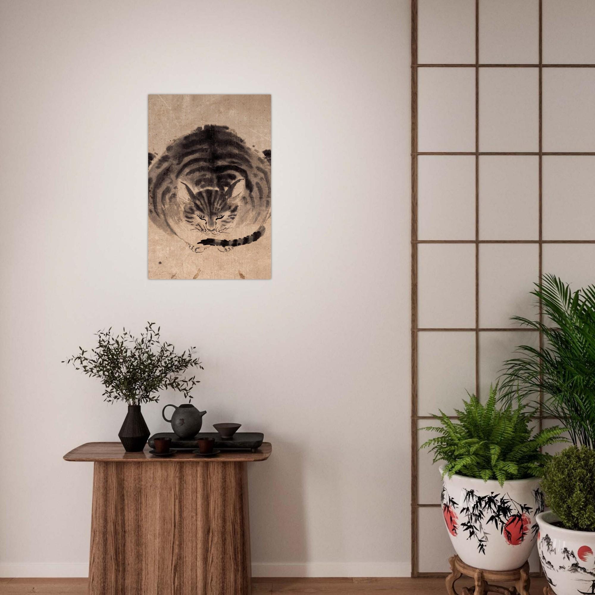 Vintage Japanese Sleeping Tiger Ink Wash Print Antique Zen Cat Sumi e Art Painting Minimalist Monochrome Woodblock Asian Art