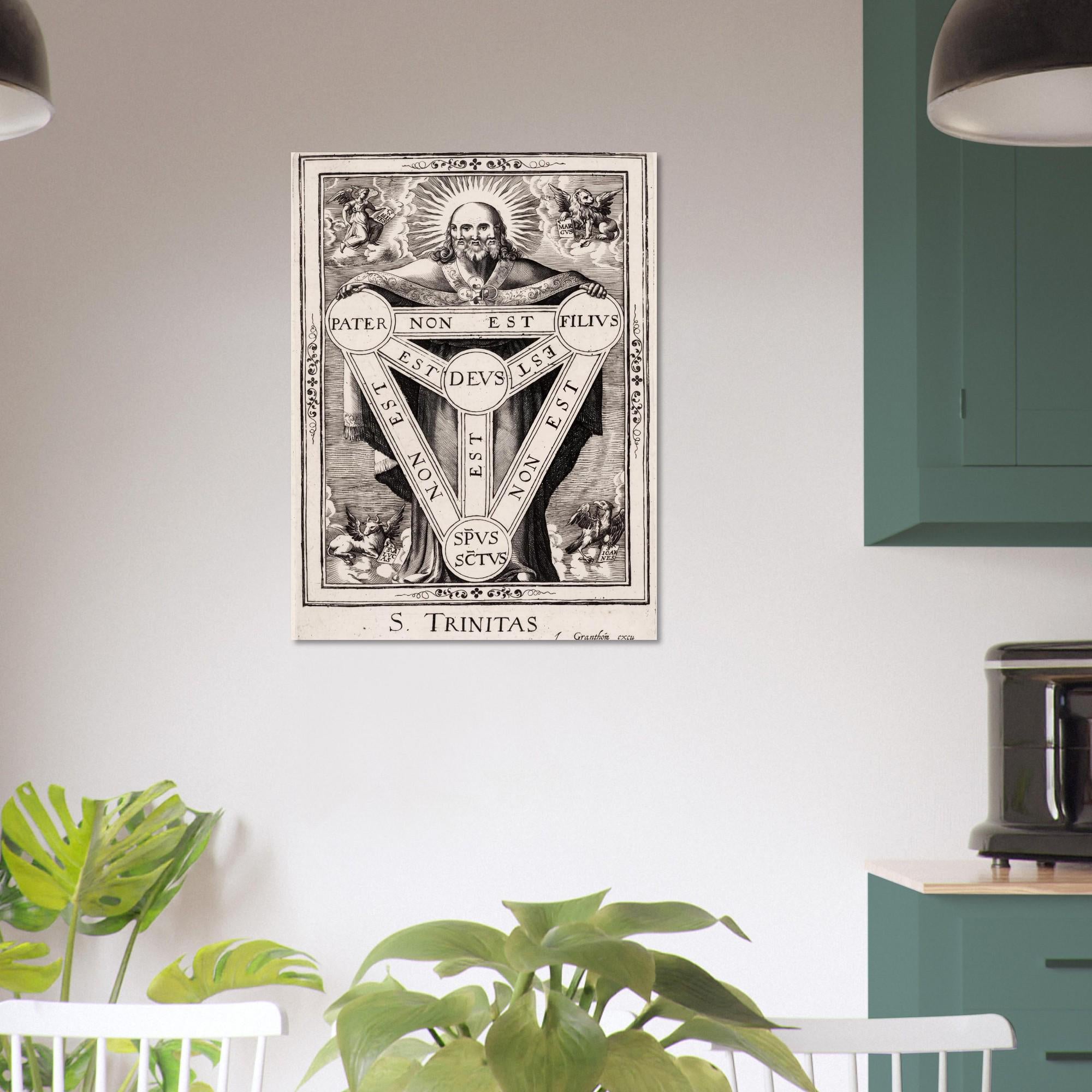 Vintage Holy Trinity Engraving Print Antique Three Faced God Wall Art Occult Sacred Diagram Poster Sacred Medieval Icons