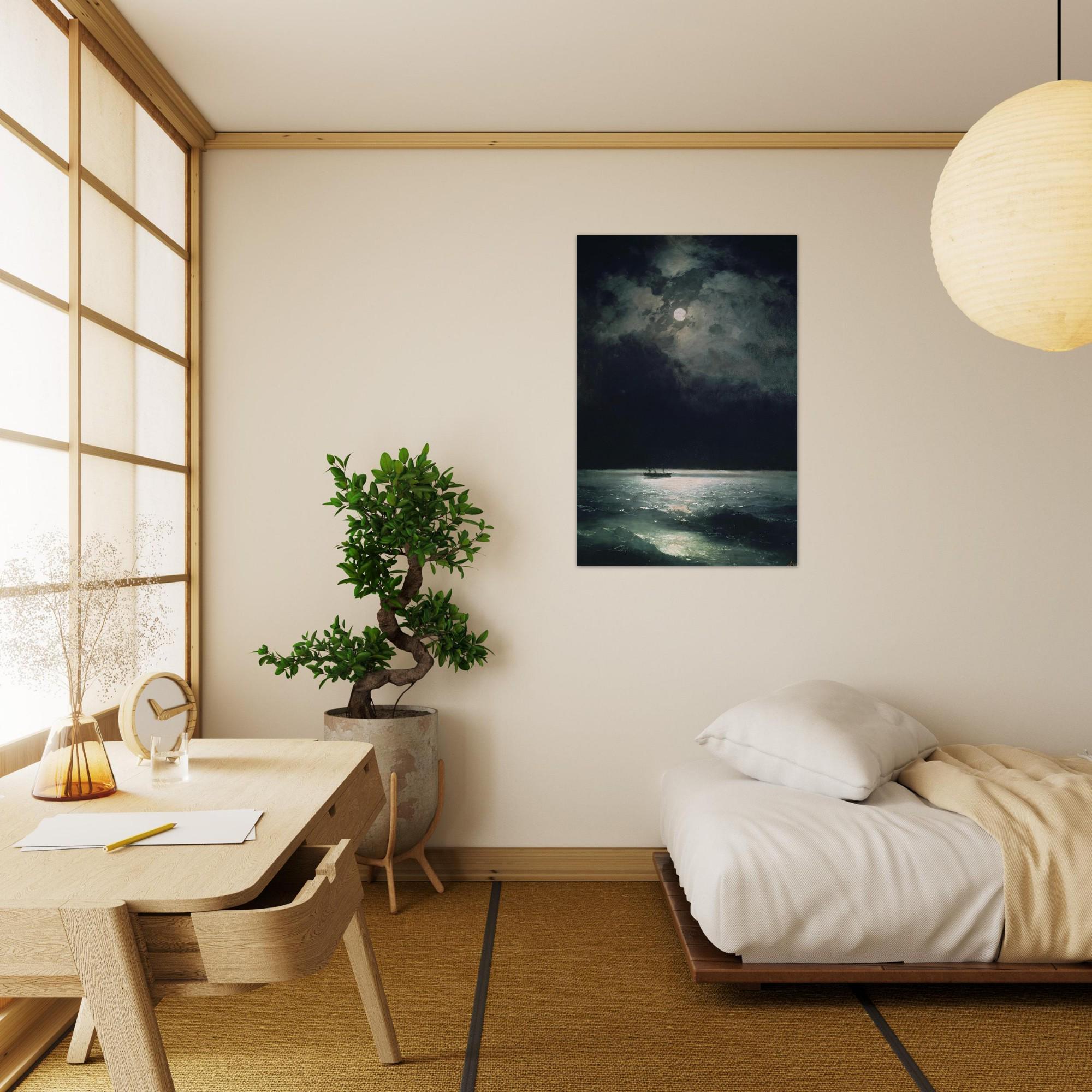 Vintage Antique Moonlit Ocean Painting Print Moody Nautical Seascape Wall Art Dark Academia Night Sea Decor Landscapes Scenery