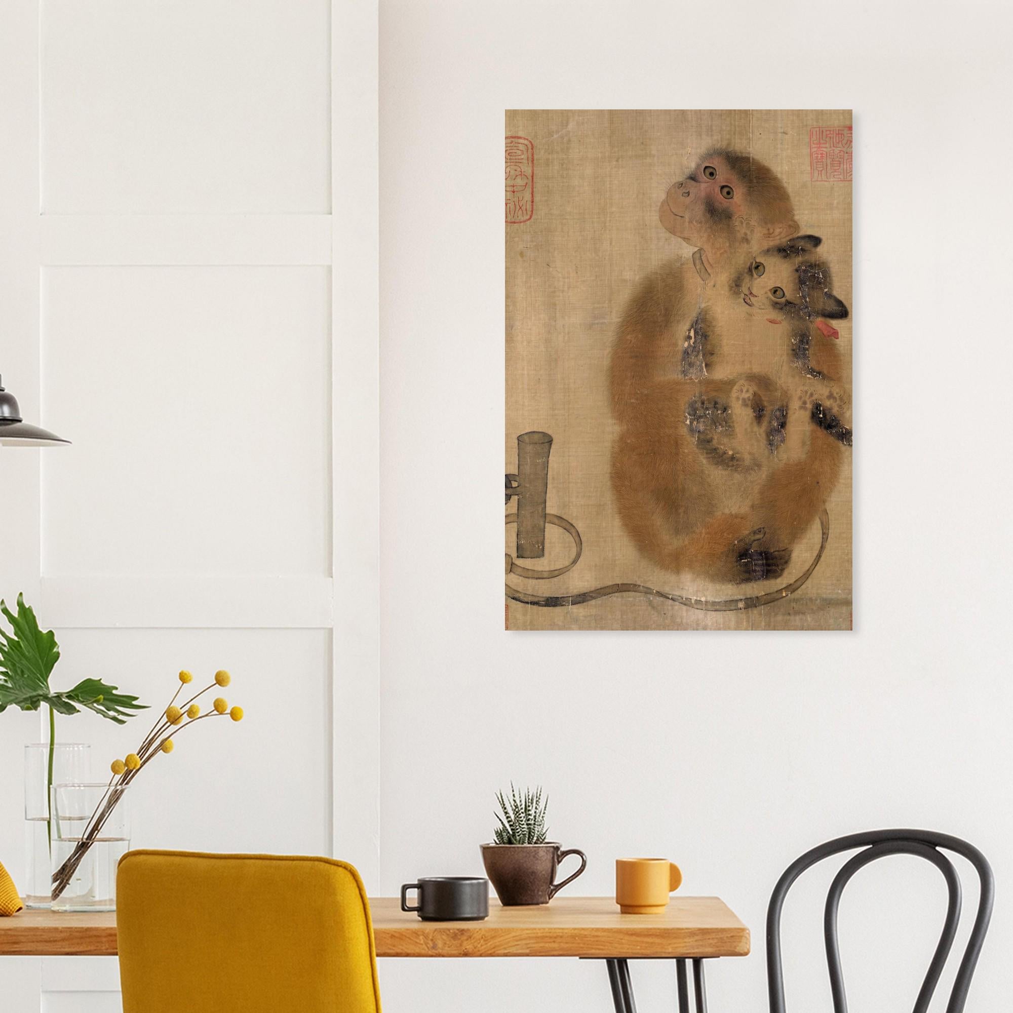 Monkey and Cat Art Print | Traditional Chinese Song Dynasty Wall Art | Vintage Asian Animal Painting | Zen Home Decor Poster