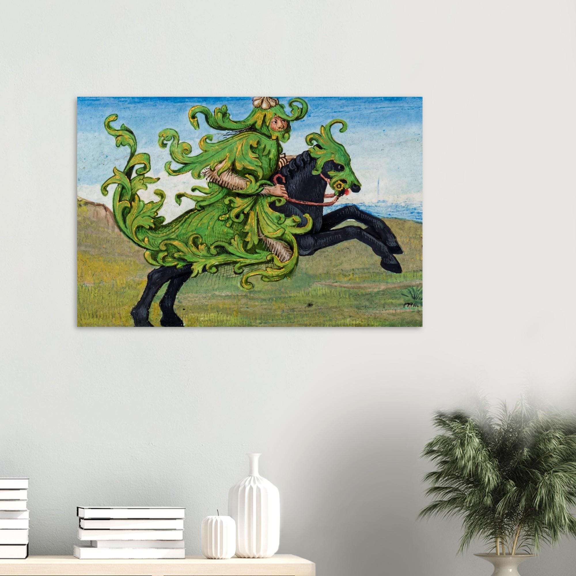 Green Knight Medieval Art Print | Sir Gawain Manuscript Illumination | Dark Academia Wall Art | Mythical Folio Foliage Knight