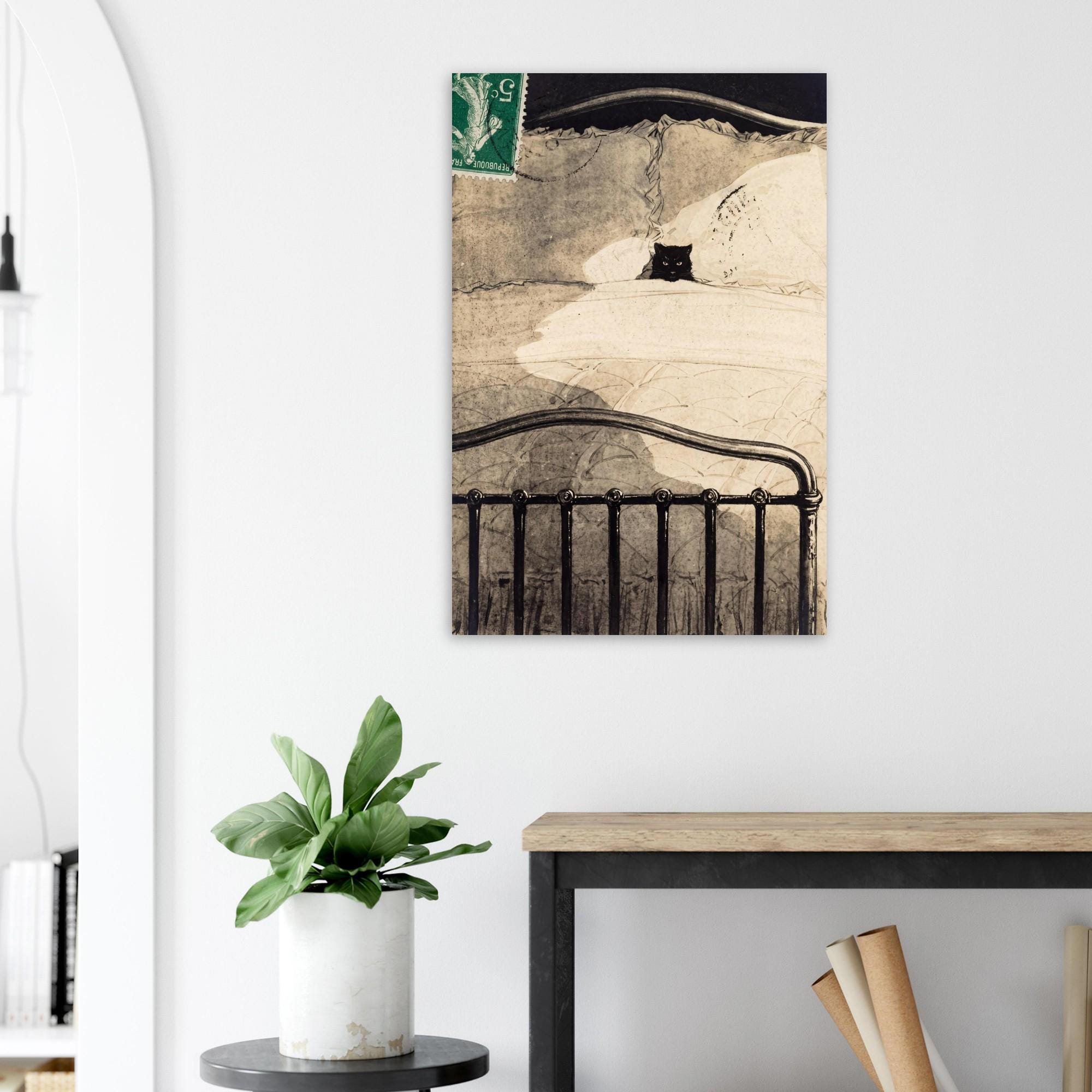 Vintage Black Cat Art Print | Whimsical Cat in Bed Wall Art | Funny French Animal Poster | Quirky Cat Lover Gift | Unframed Print