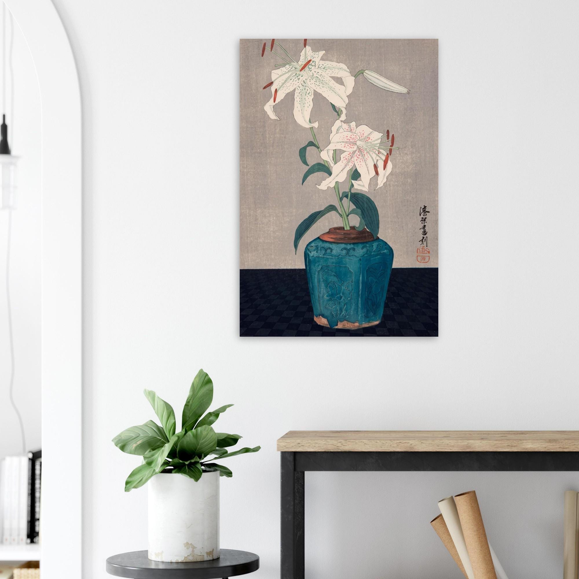 Japanese Woodblock Lily Print Vintage Kachoe Floral Wall Art Antique White Flower Poster Still Life Zen Decor Woodblock and Asian Art
