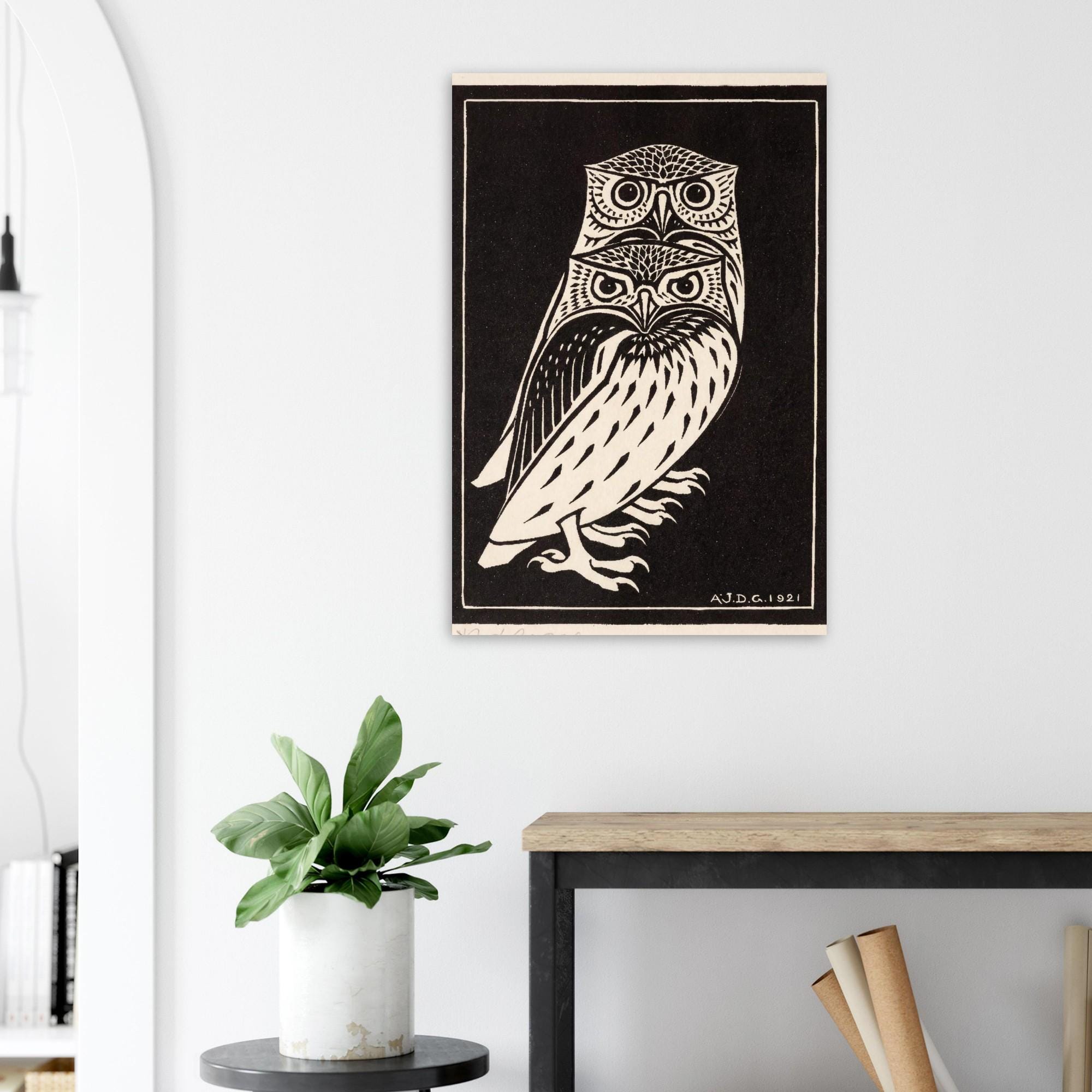 Two Owls by Julie de Graag Fine Art Print, Vintage Owl Art, Craftsman Decor, Antique Woodcut, Bird Wall Art, Animal Artwork, Black