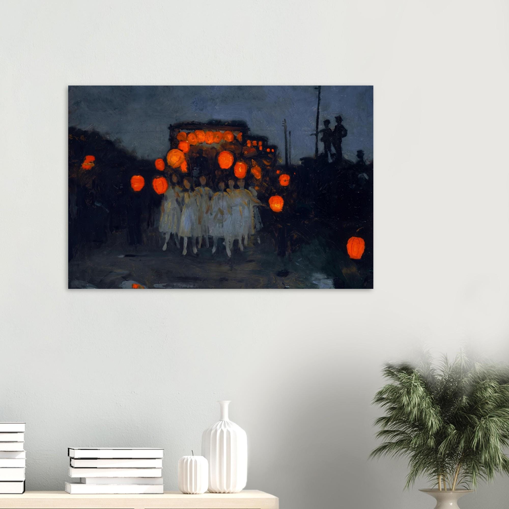 Moody Vintage Lantern Parade Art Print | Dark Academia Wall Art | Night Procession Oil Painting | Victorian Impressionist Decor