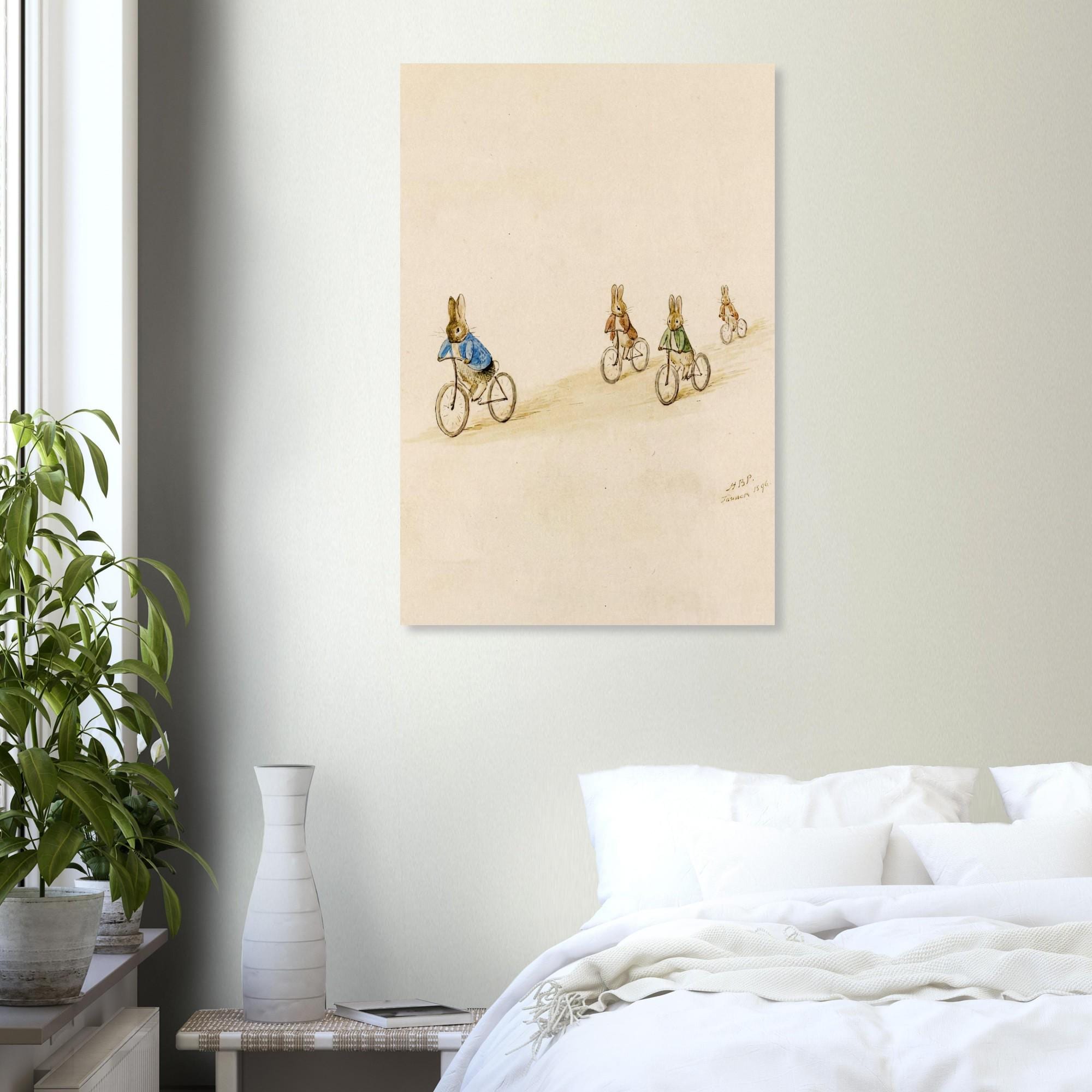 Beatrix Potter Rabbits on Bicycles Art Print | Vintage Nursery Wall Art | Antique Bunny Illustration | Baby Boy Room Decor | Unframed