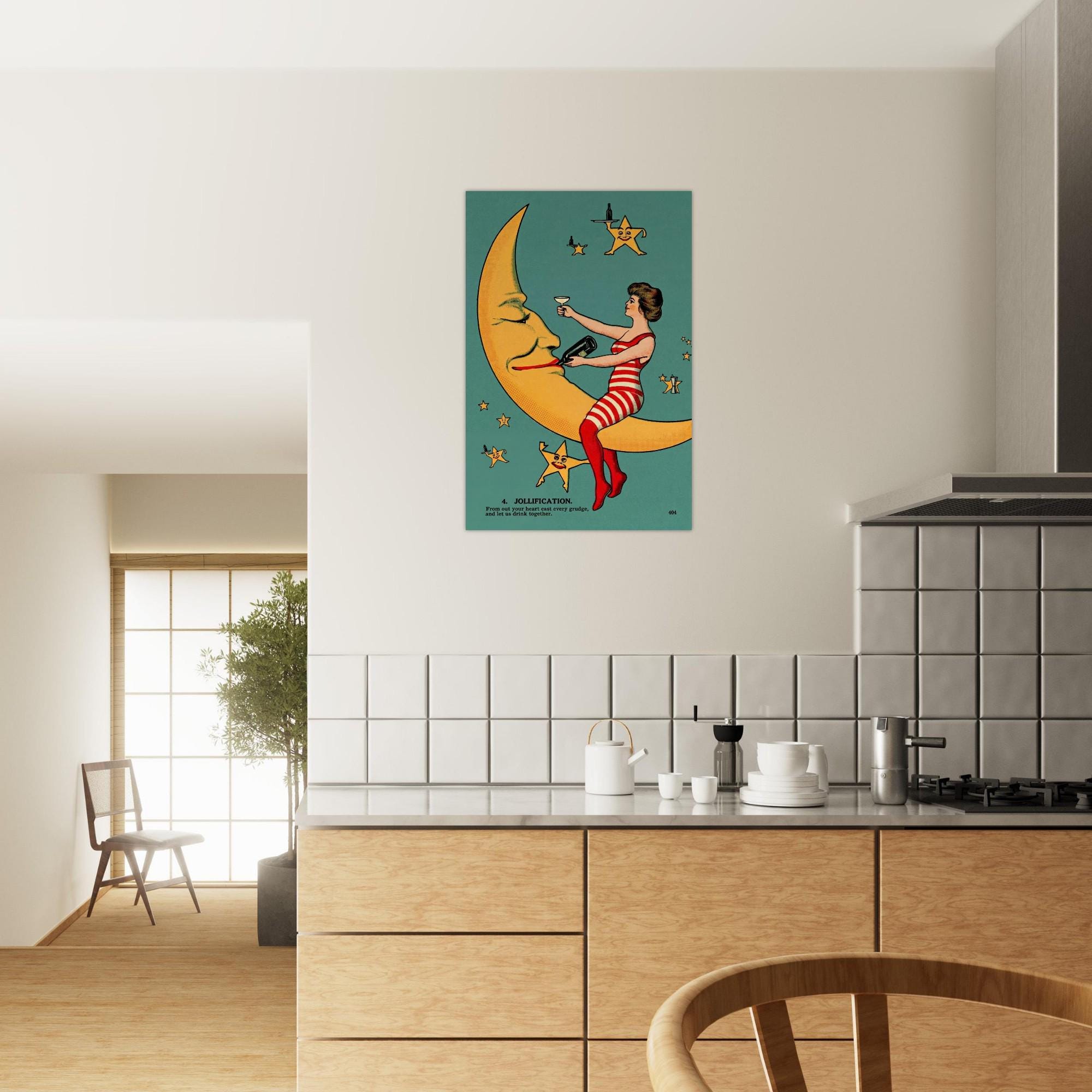 Vintage Moon Lady Art Print Anthropomorphic Crescent Moon Drinking Wine Whimsical Celestial Wall Decor Art Nouveau & Vintage 48f22