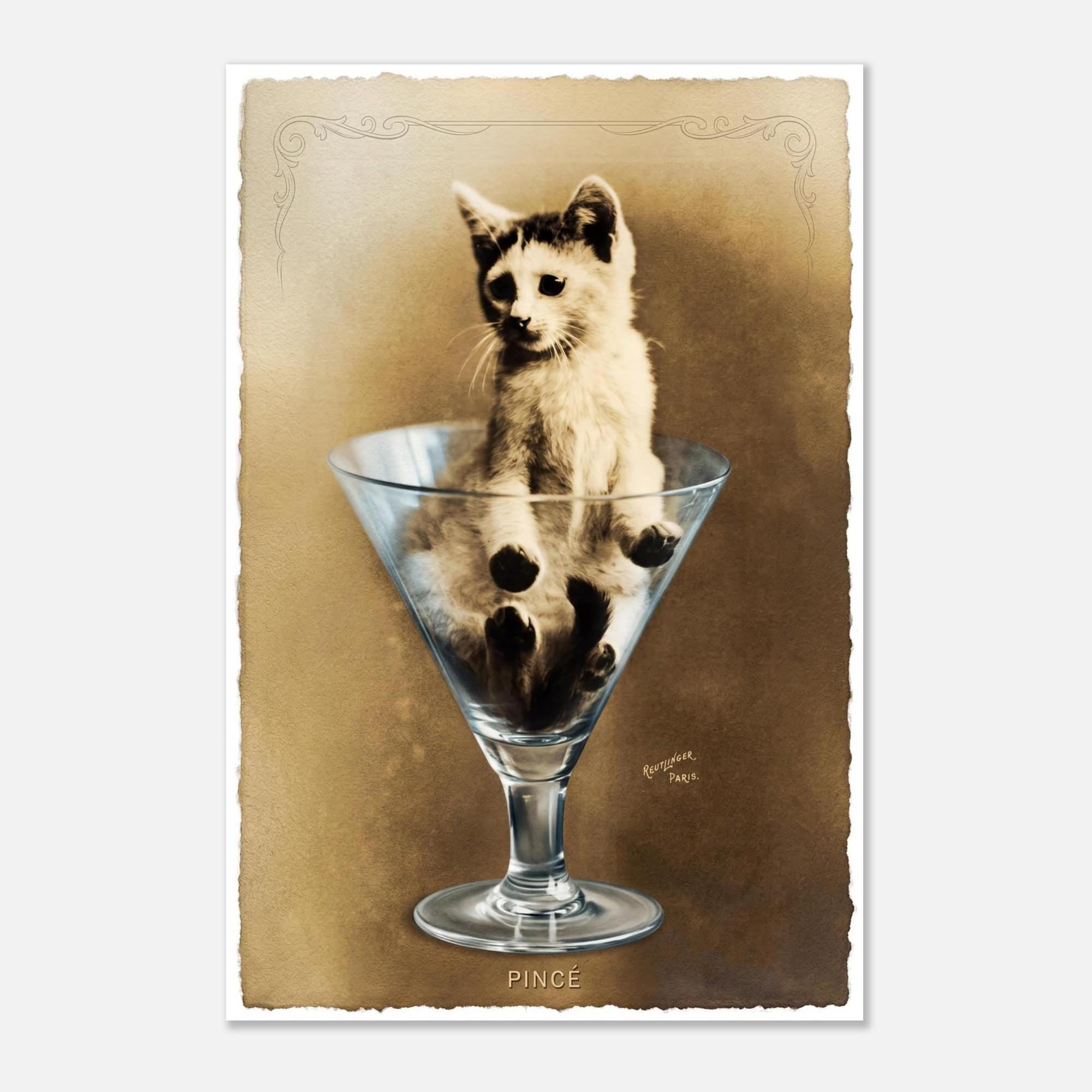 Antique Kitten in Martini Glass Vintage Cat Print Reutlinger Paris Postcard Wall Art Sepia Aesthetic Decor Animals & Creatures 7b84b