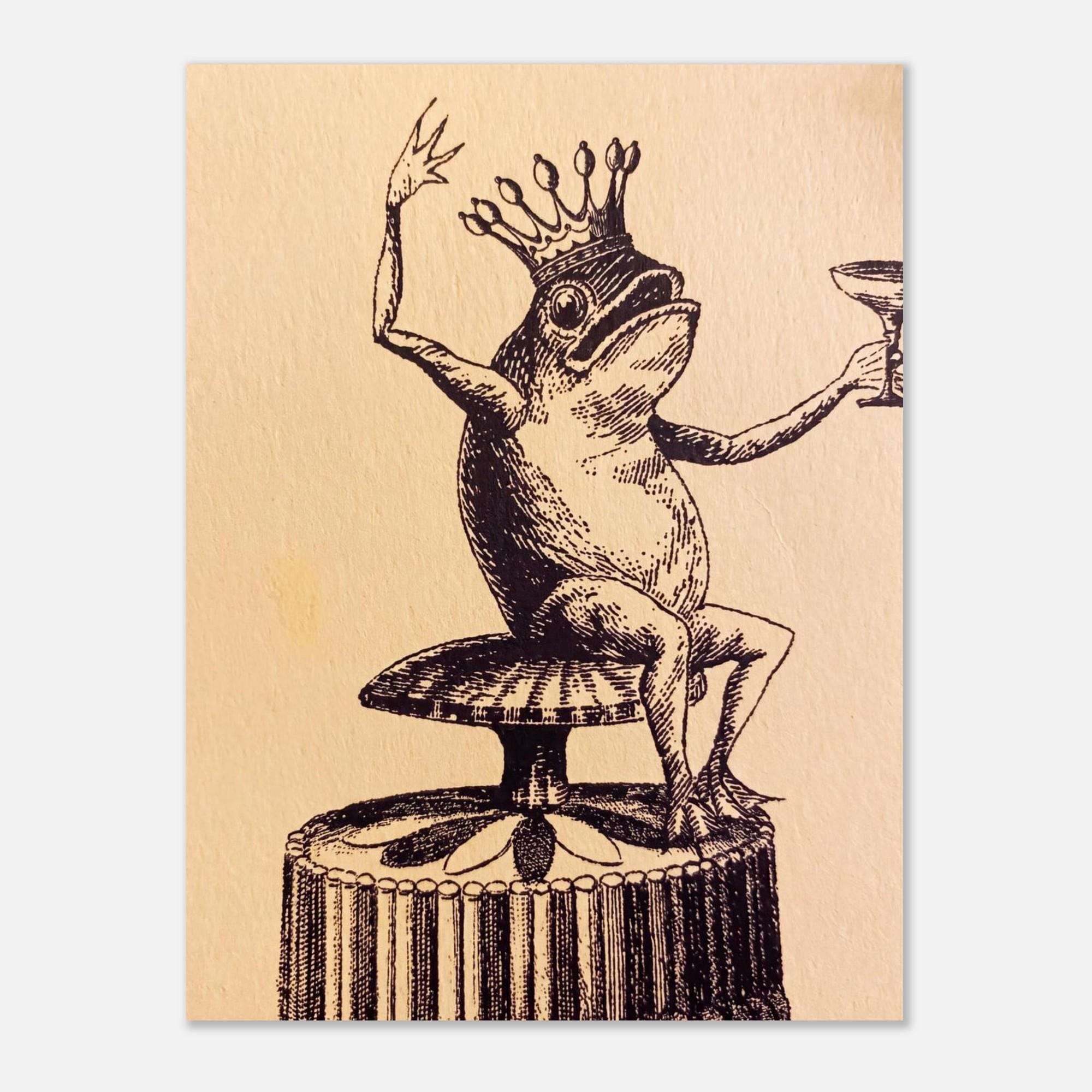 Vintage Frog King Art Print Antique Animal Illustration Whimsical Champagne Toast Engraving Poster Oddity Wall Decor Dark Academia And Moody