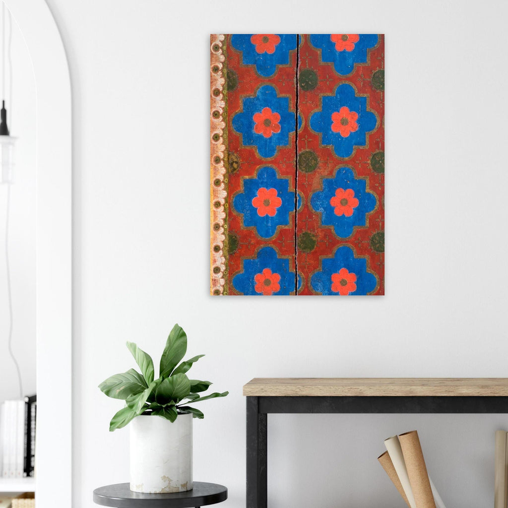 Medieval Floral Pattern Art Print Red Blue Gold Folk Art Rosette Wall Decor Antique Wooden Ceiling Motif - Folk & Naive Art