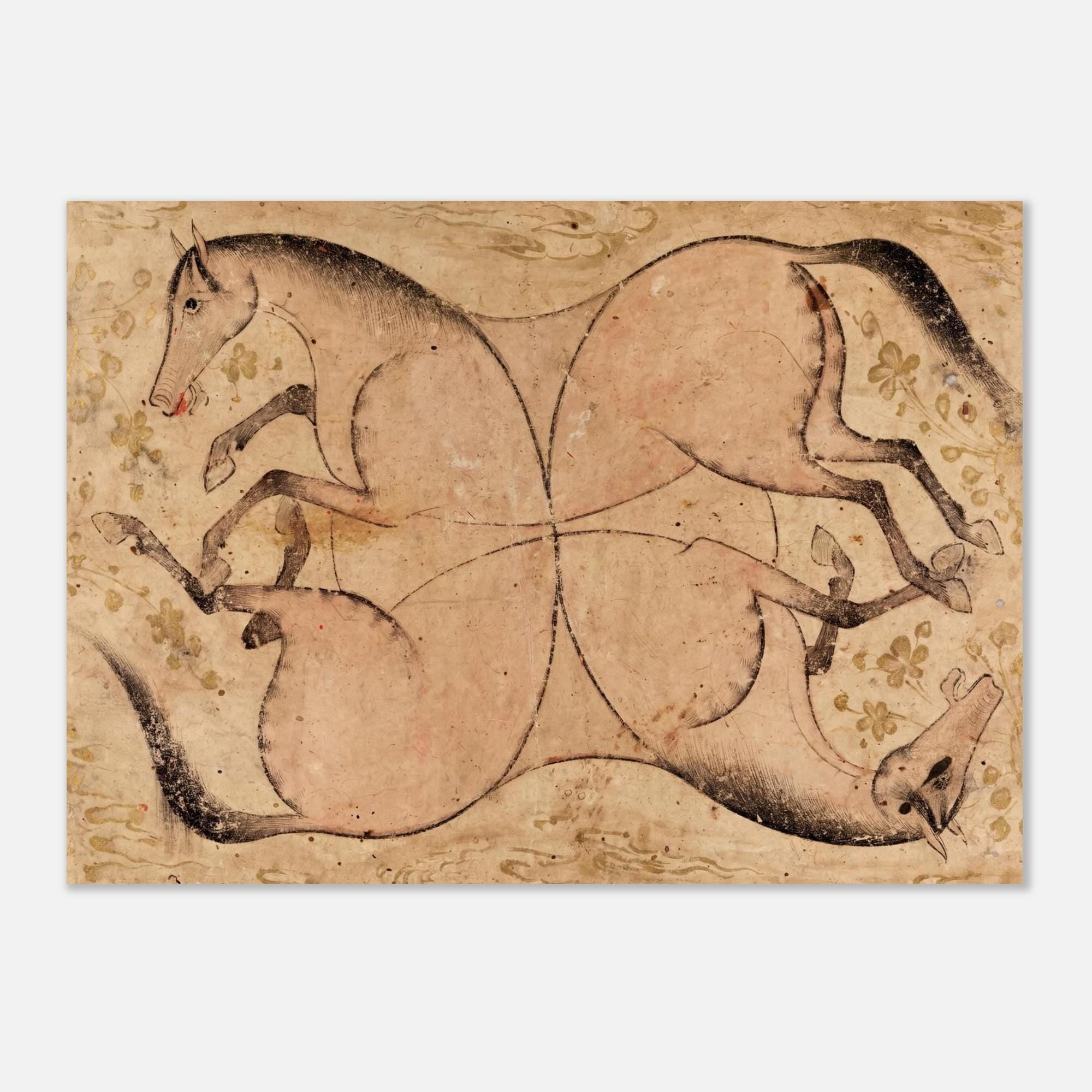 Vintage Persian Horse Optical Illusion Art Print Safavid Era Historical Puzzle Sketch Antique Islamic Decor Animals Creatures