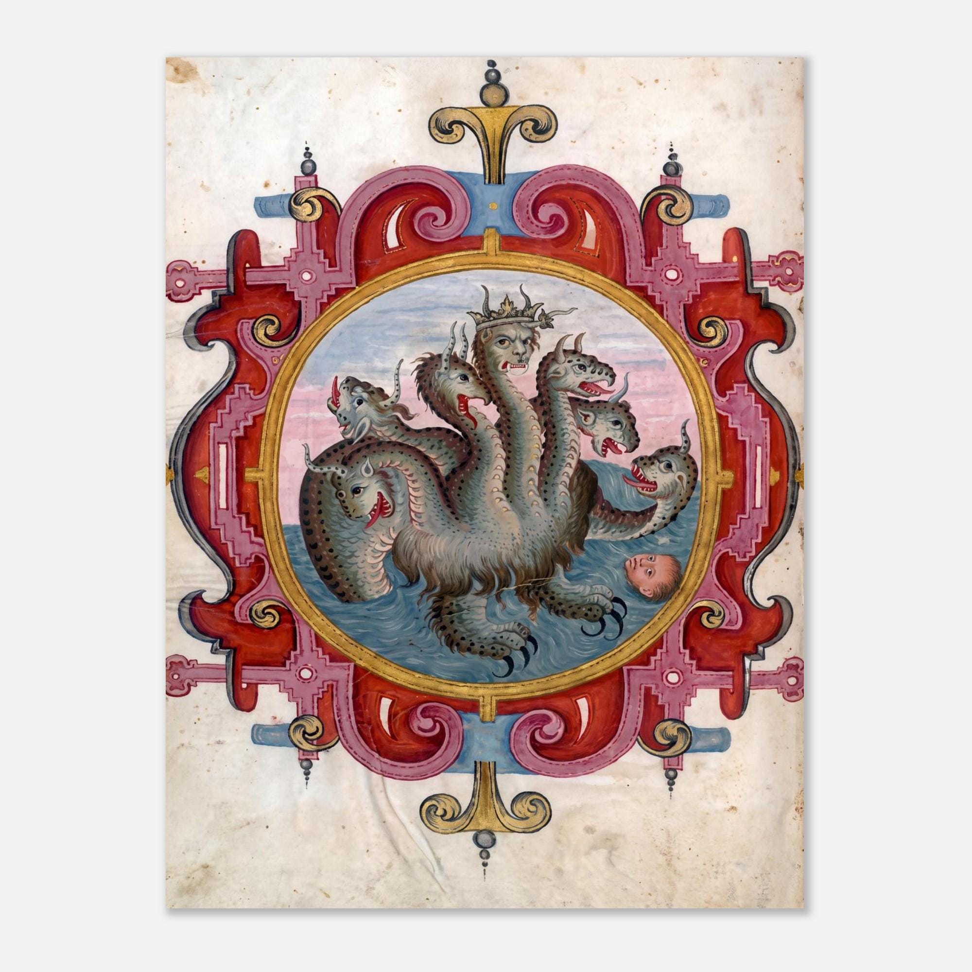 Seven Headed Beast Medieval Dragon Art Print Vintage Renaissance Apocalypse Monster Poster Antique Mythological Decor Weird Medieval Art