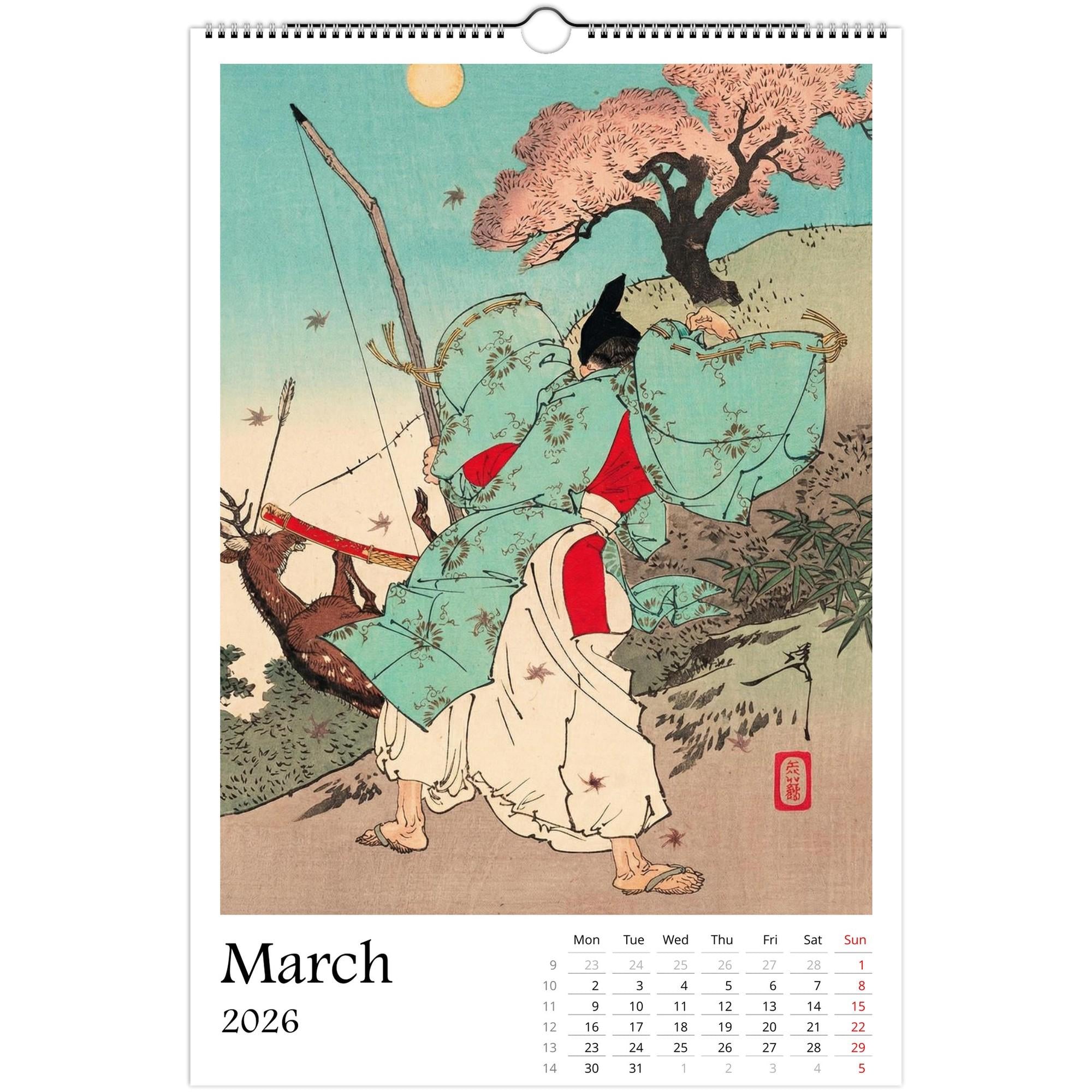 13 artworks of Japanese Woodblock Ukiyo-e Art 2026 Wall Calendar 11x16.5, Tsukioka Yoshitoshi, Large Vertical Hanging Home Decor