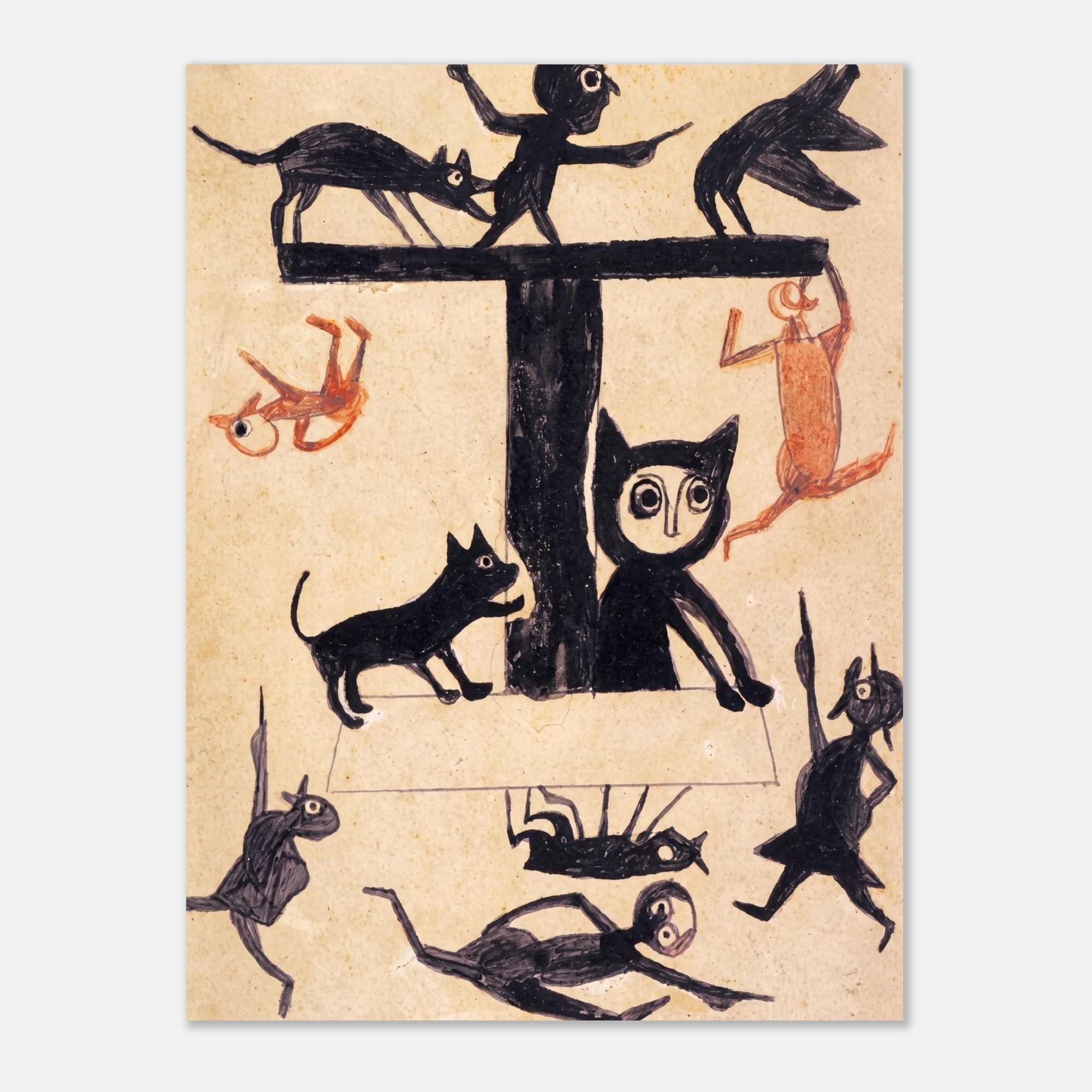 Bill Traylor Figures And Construction With Cat Folk Art Print Vintage Black Cat Outsider Wall Art Print Primitive And Outsider