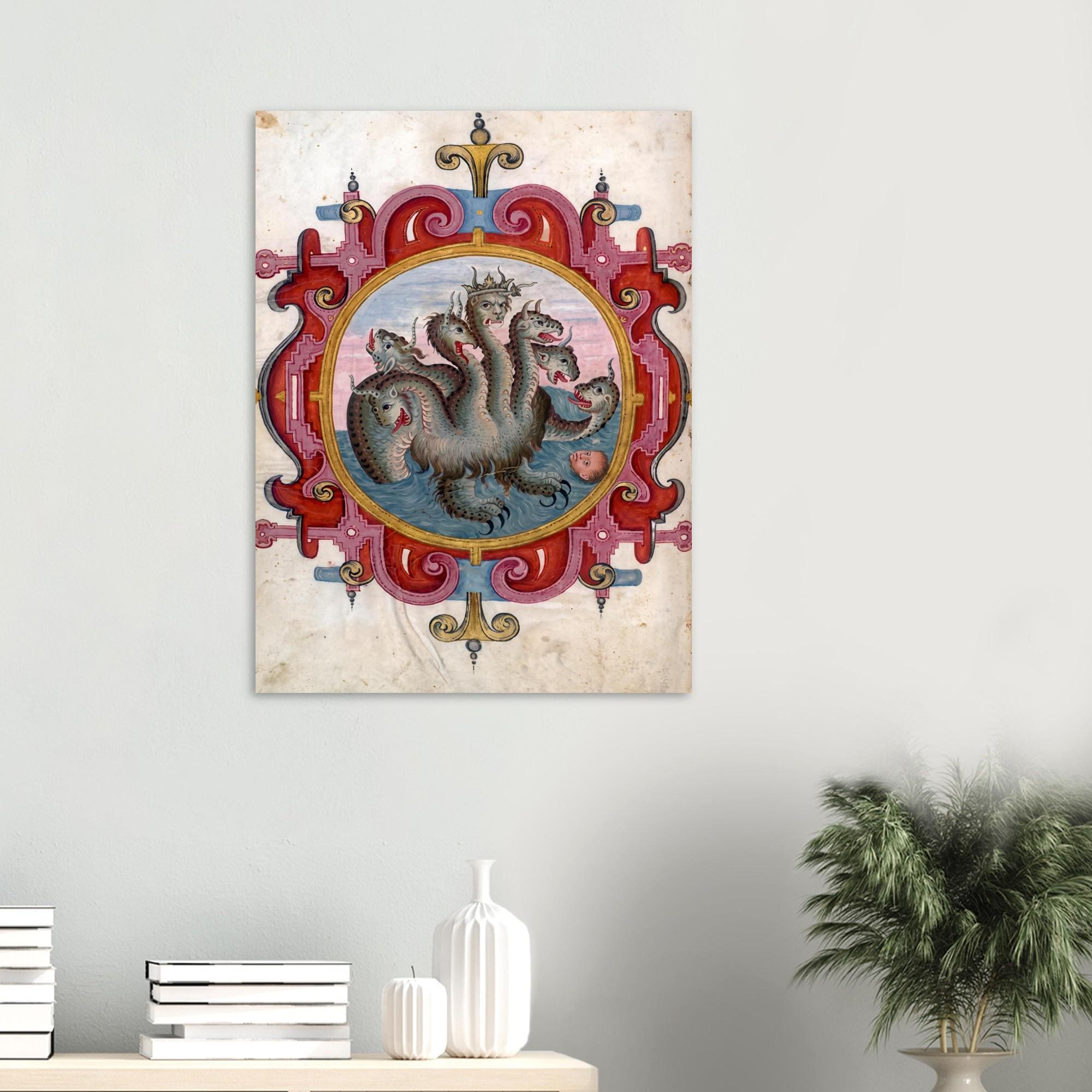 Seven Headed Beast Medieval Dragon Art Print Vintage Renaissance Apocalypse Monster Poster Antique Mythological Decor Weird Medieval Art